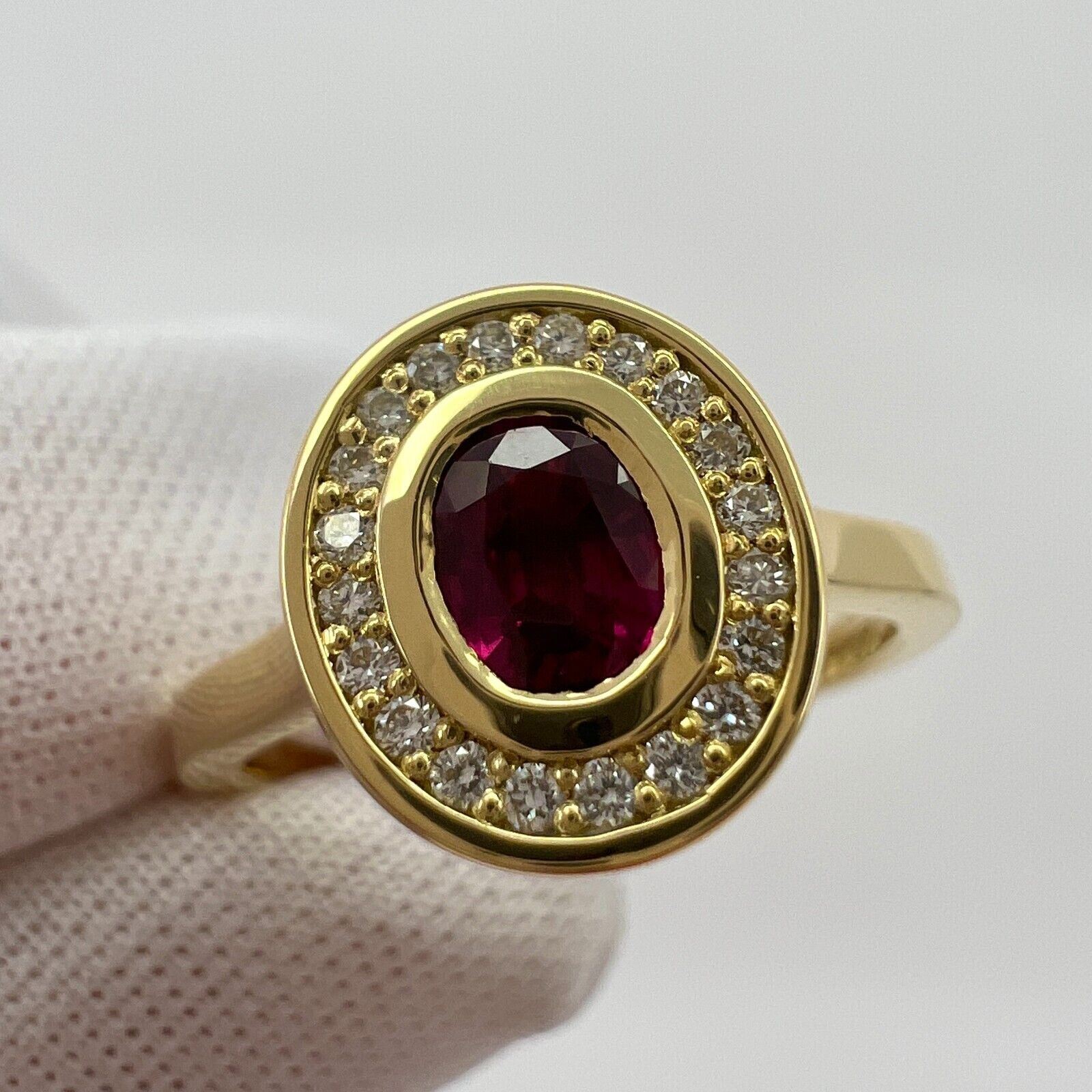 Fine Untreated Deep Red Ruby & Diamond Oval 18k Yellow Gold Halo Rubover Ring — view 5