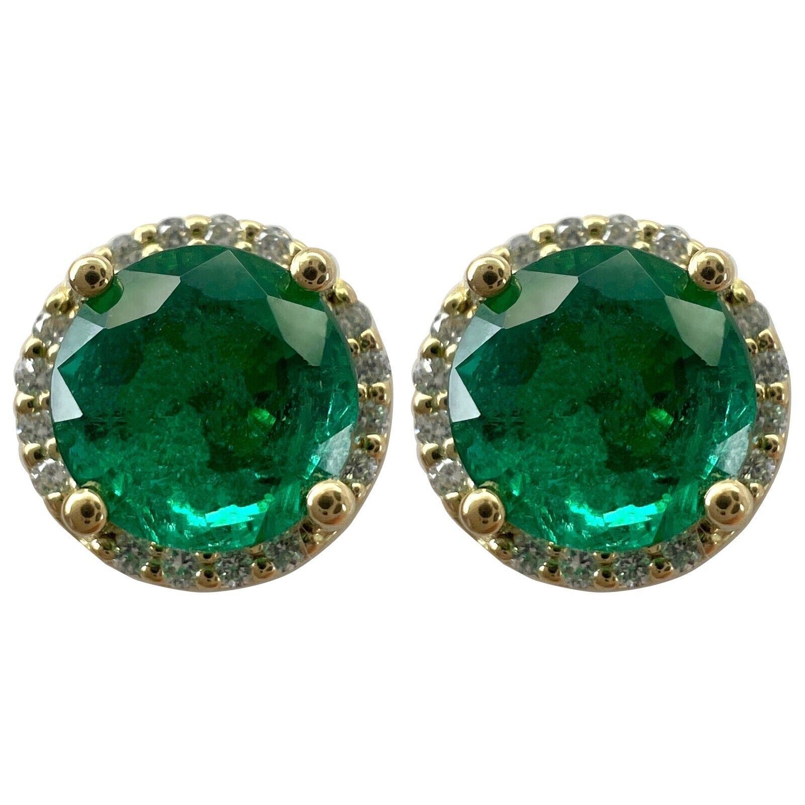 1.59ct Vivid Green Emerald Diamond Round Cut 18k Yellow Gold Halo Earring Studs