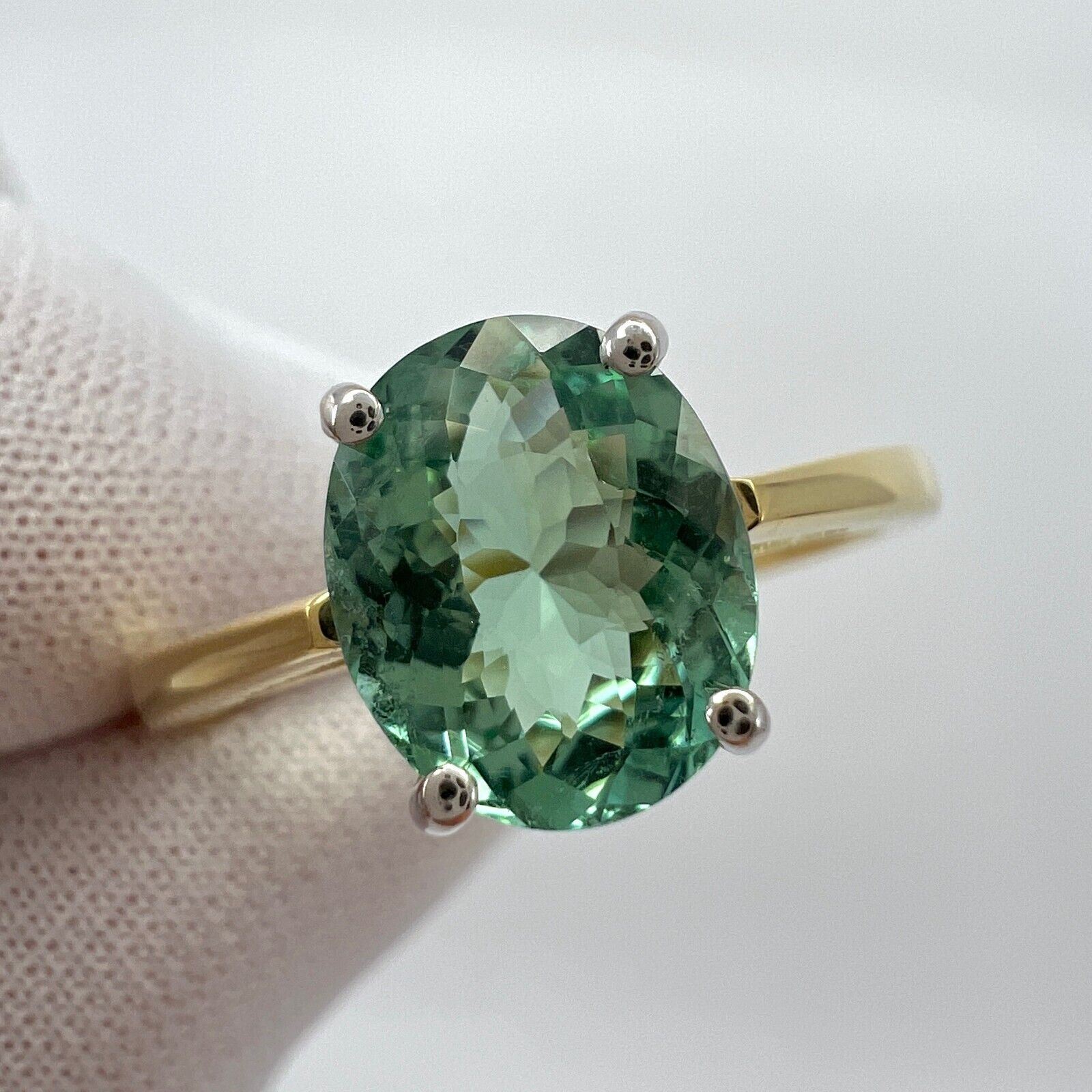 1.75ct Vivid Blue Green Tourmaline Oval Cut 18k Yellow White Gold Solitaire Ring — view 2
