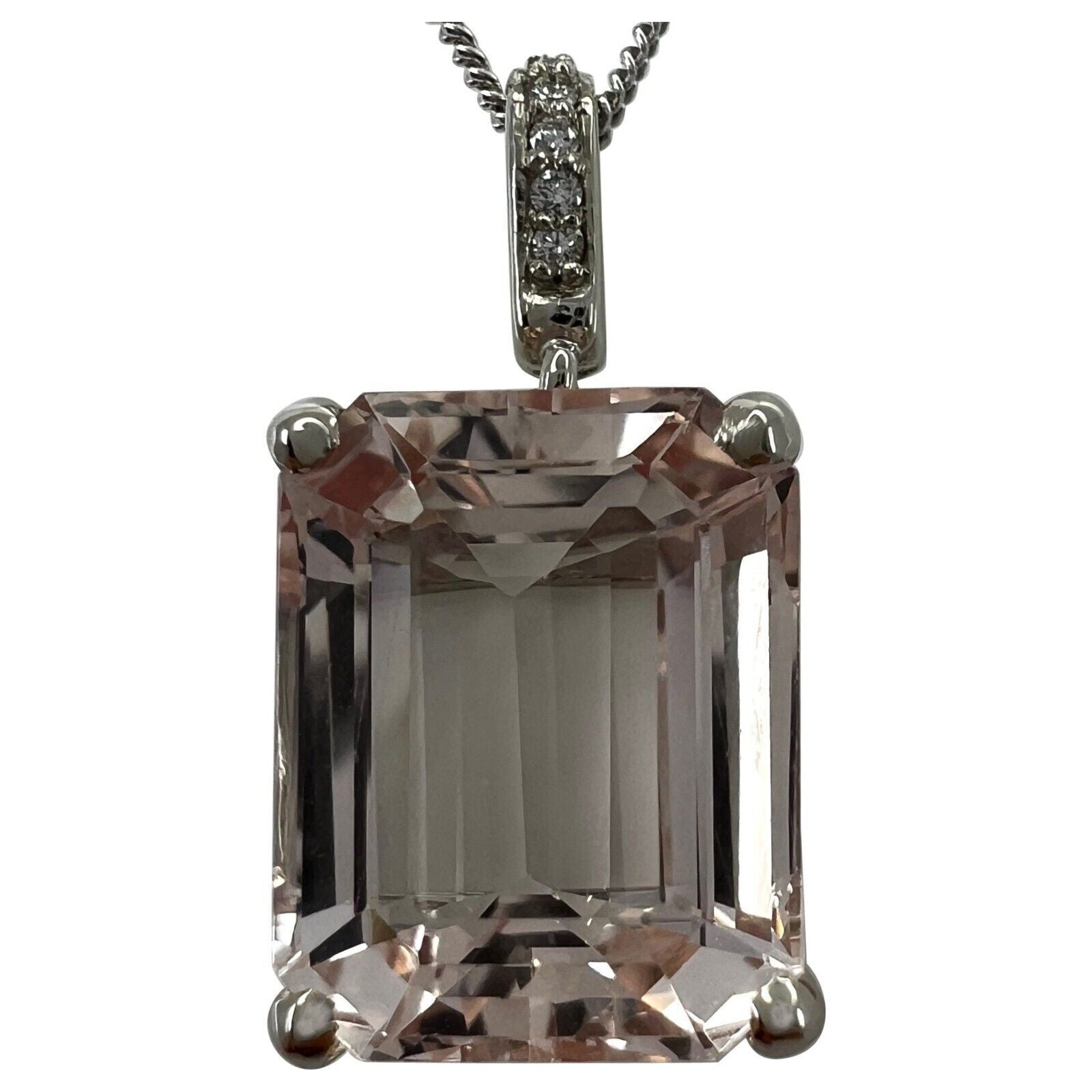 6 Carat Peach Morganite & Diamond Emerald Cut 18k White Gold Pendant Necklace — view 1