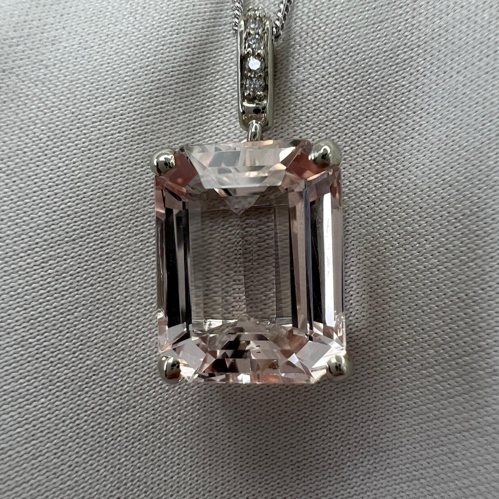 6 Carat Peach Morganite & Diamond Emerald Cut 18k White Gold Pendant Necklace — view 2