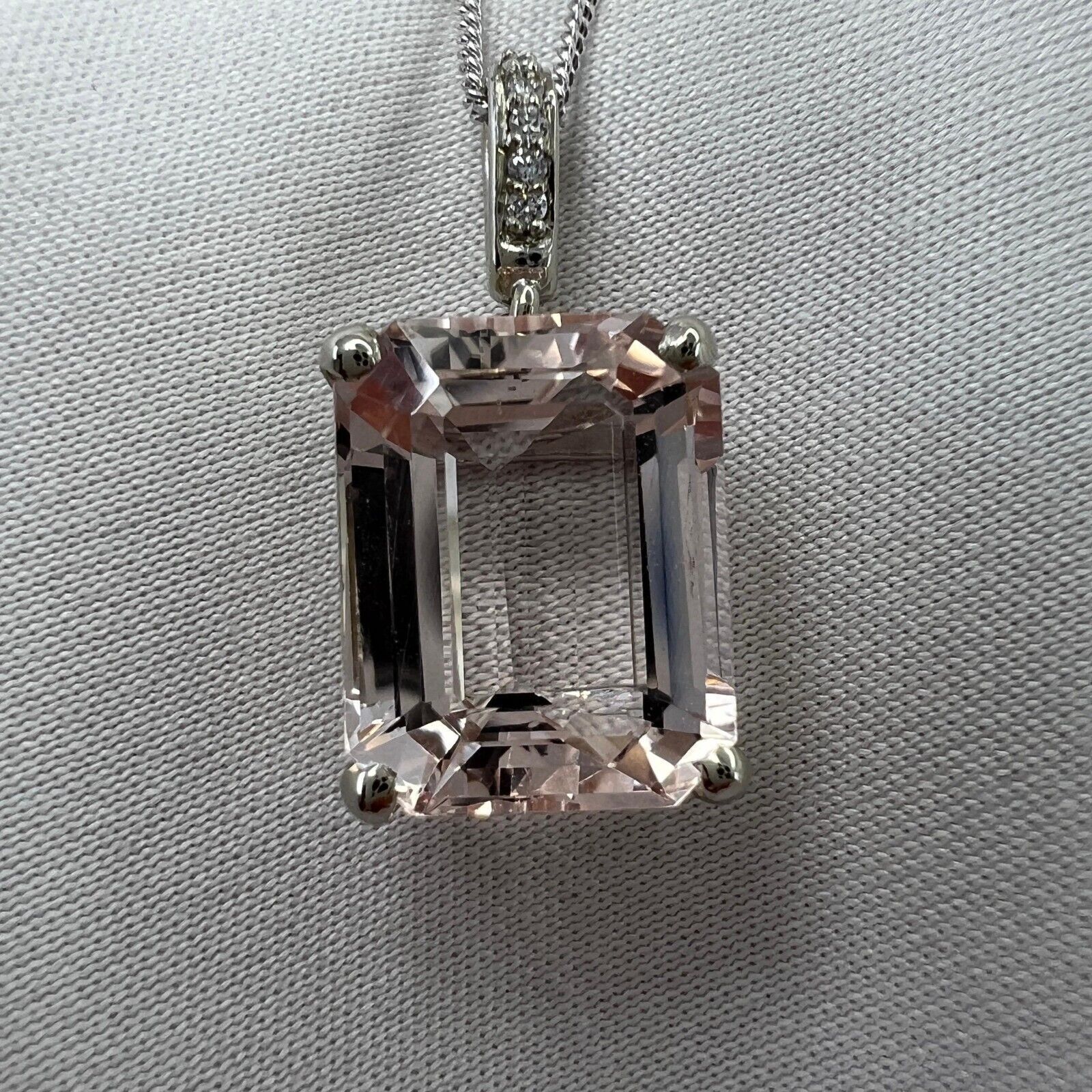 6 Carat Peach Morganite & Diamond Emerald Cut 18k White Gold Pendant Necklace — view 3