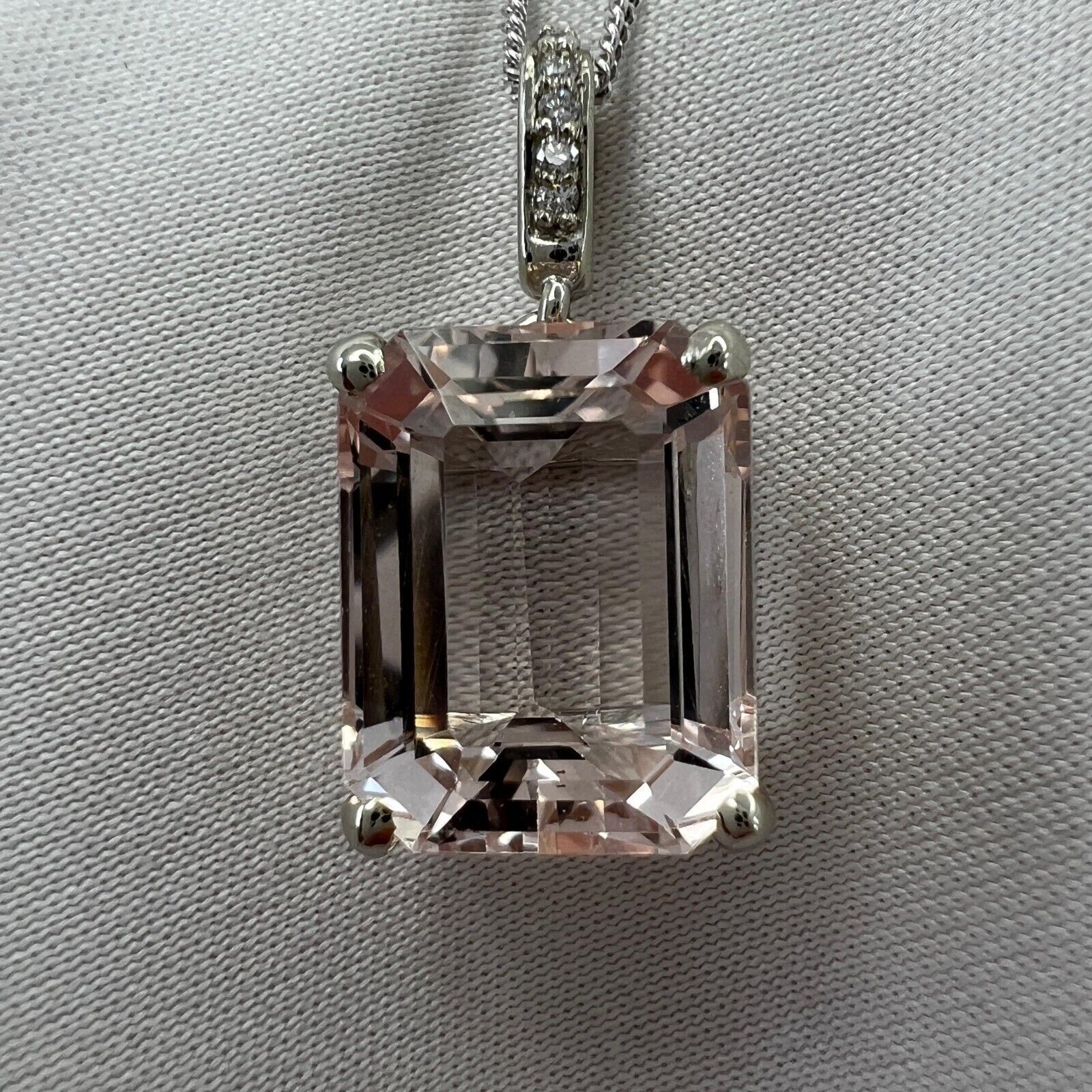 6 Carat Peach Morganite & Diamond Emerald Cut 18k White Gold Pendant Necklace — view 4