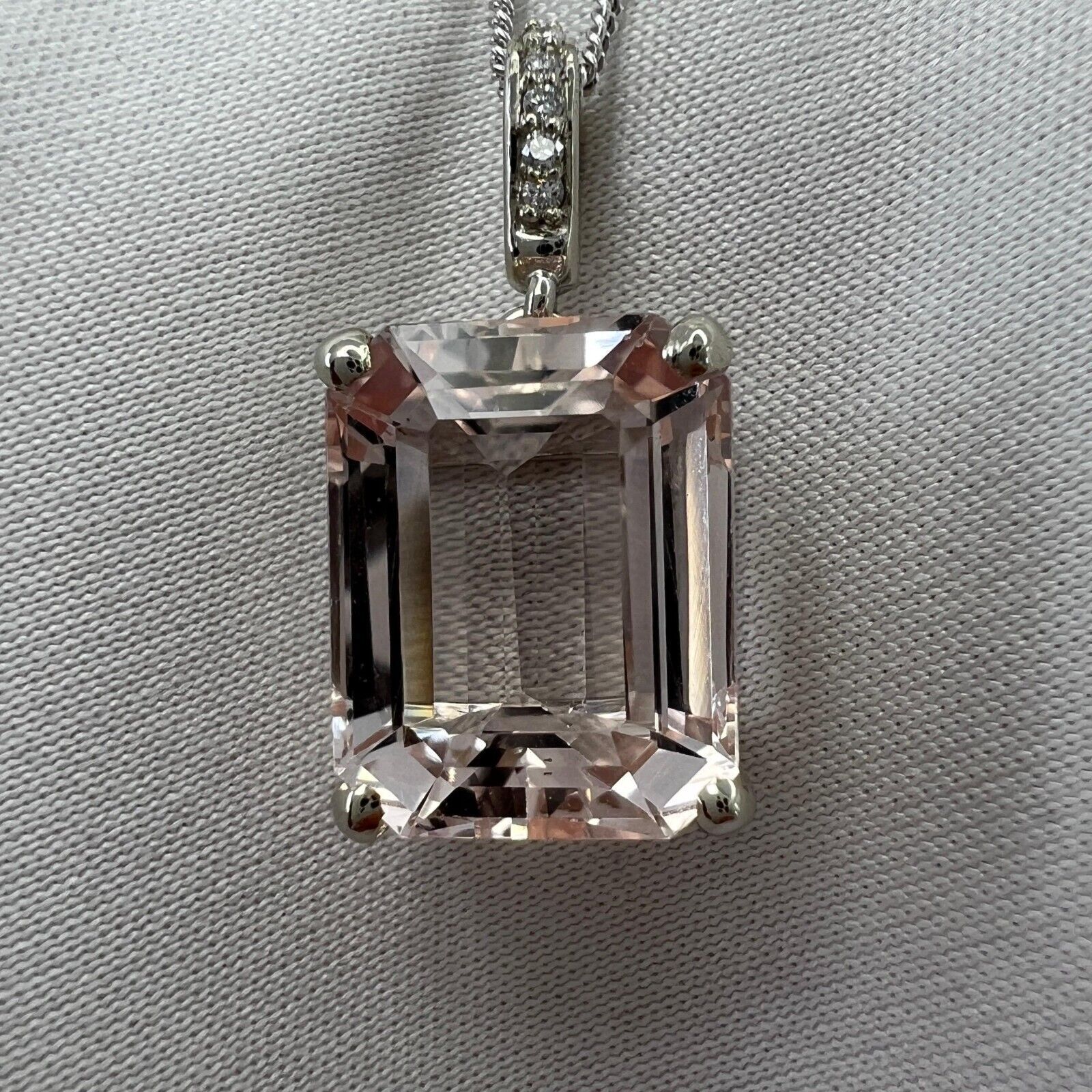 6 Carat Peach Morganite & Diamond Emerald Cut 18k White Gold Pendant Necklace — view 5