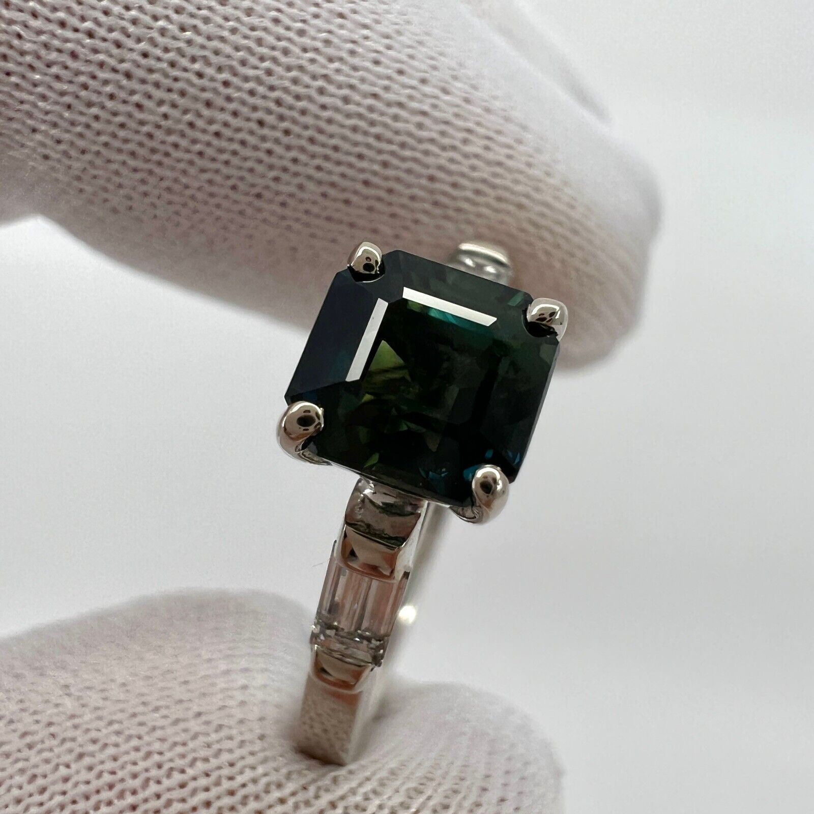 GIA Certified Untreated Asscher Sapphire Diamond 18k White Gold Three Stone Ring — view 2