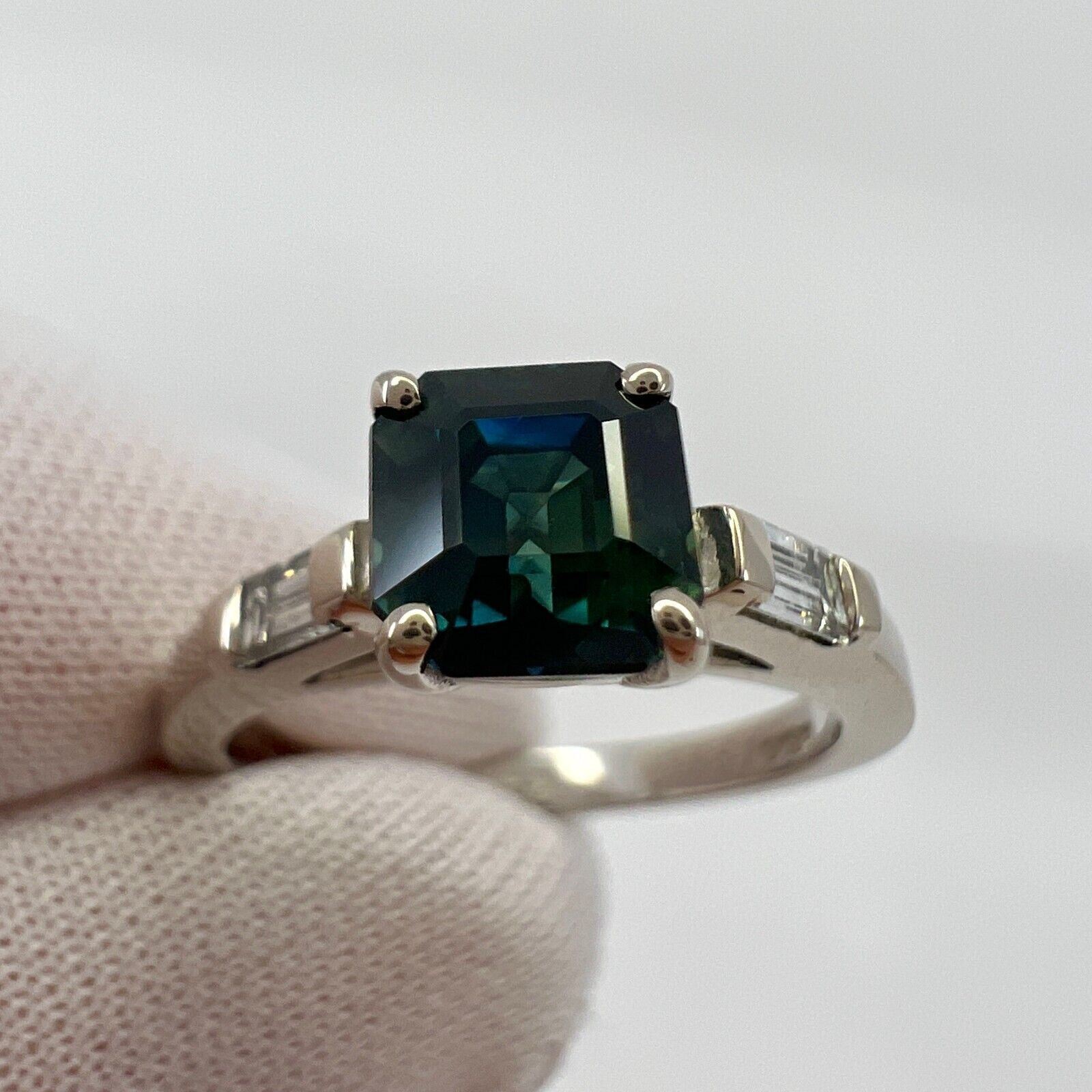 GIA Certified Untreated Asscher Sapphire Diamond 18k White Gold Three Stone Ring — view 4