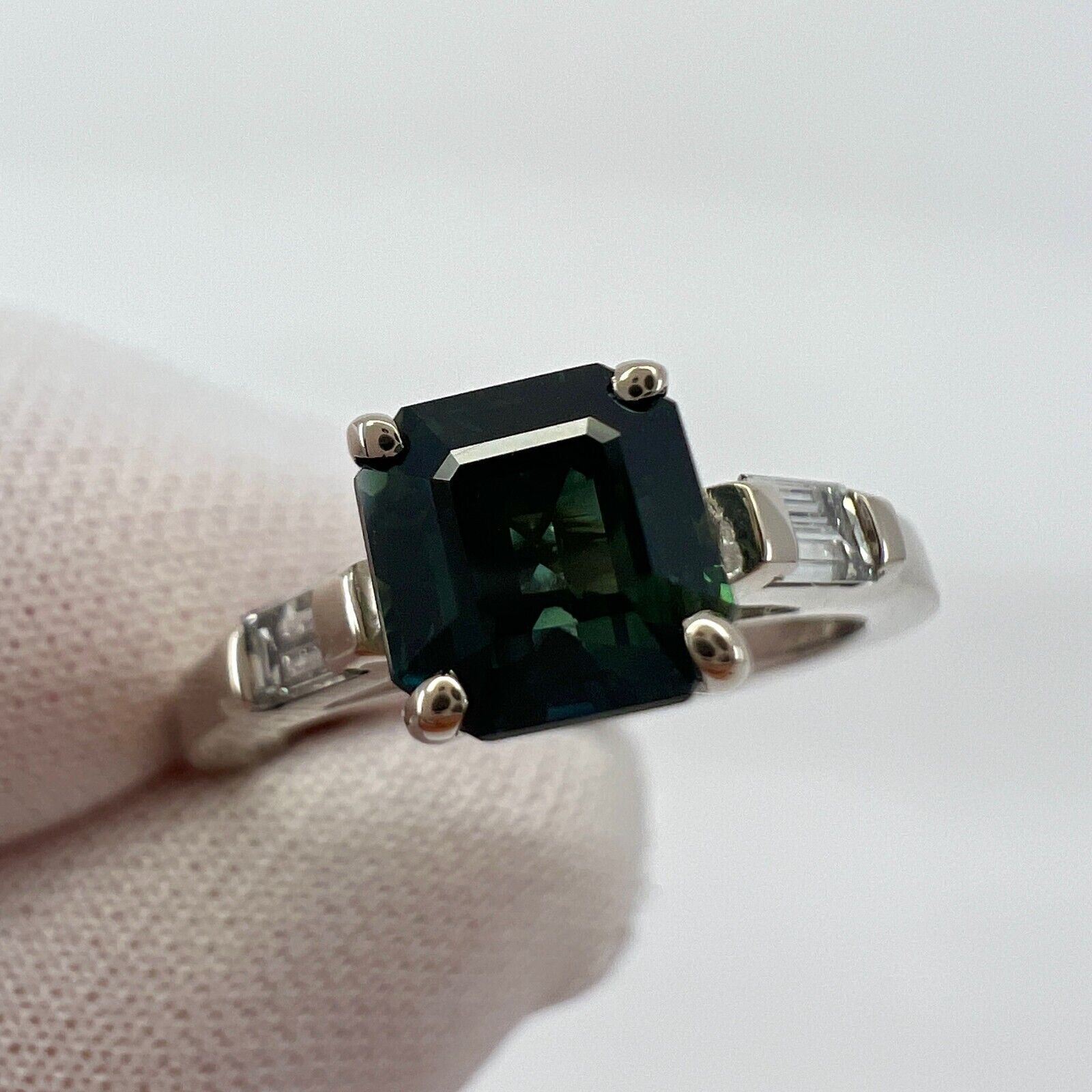 GIA Certified Untreated Asscher Sapphire Diamond 18k White Gold Three Stone Ring — view 5
