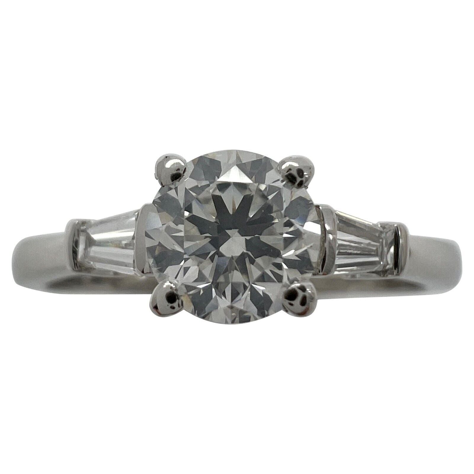 Fine 0.62ct Natural White Diamond Platinum Round Tapered Baguette Cut Three Stone Ring — view 1