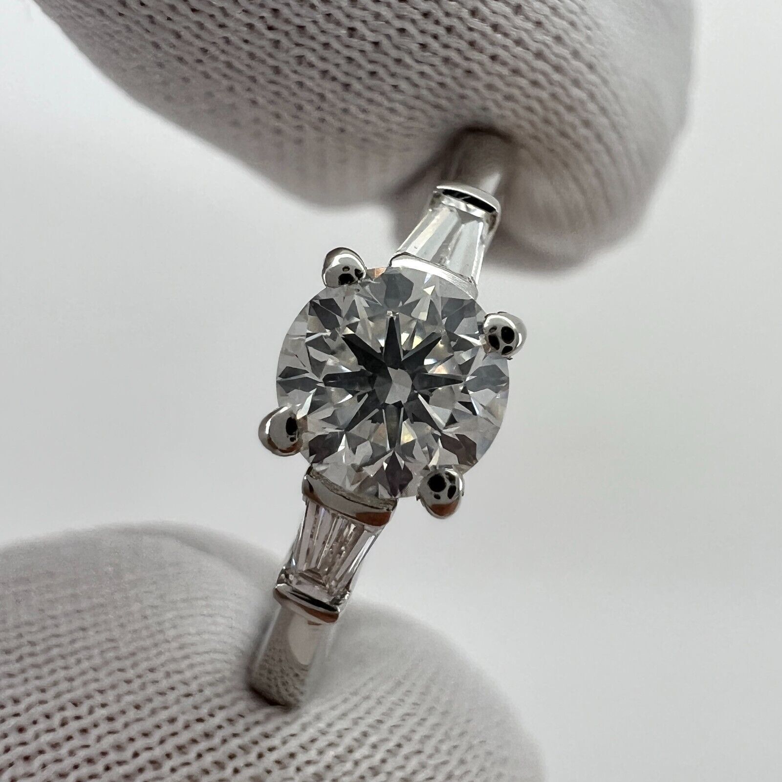 Fine 0.62ct Natural White Diamond Platinum Round Tapered Baguette Cut Three Stone Ring — view 2