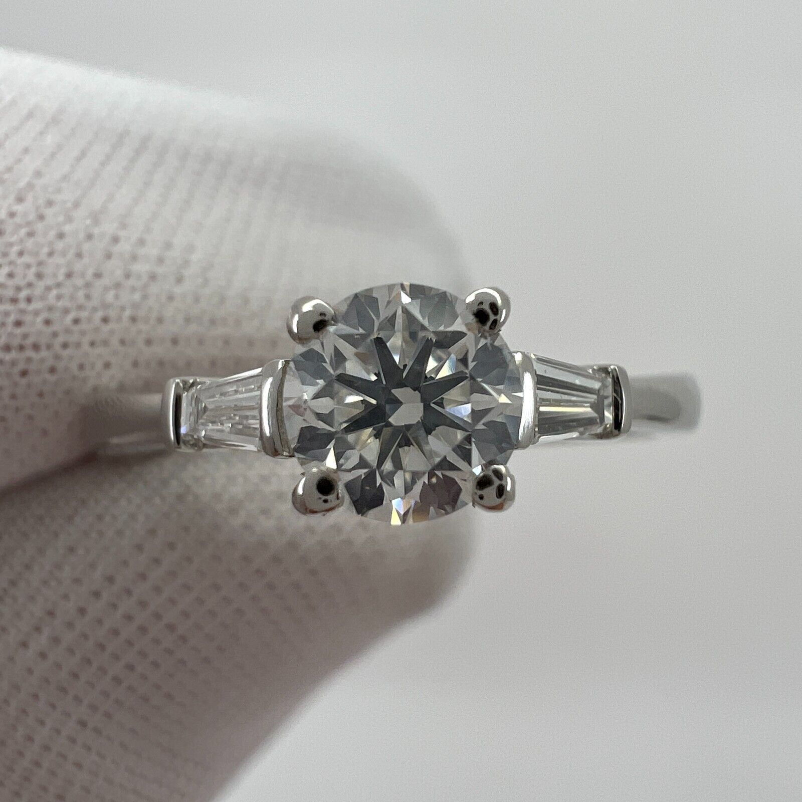 Fine 0.62ct Natural White Diamond Platinum Round Tapered Baguette Cut Three Stone Ring — view 3