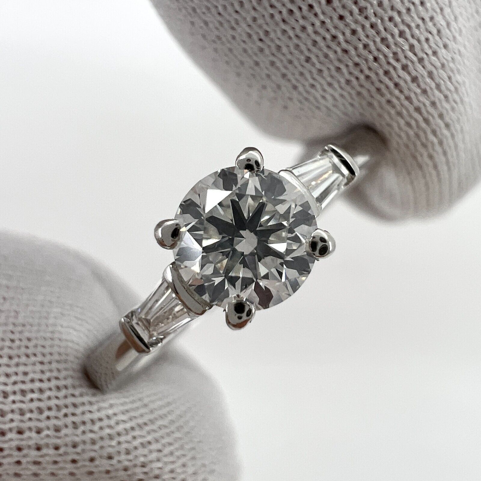 Fine 0.62ct Natural White Diamond Platinum Round Tapered Baguette Cut Three Stone Ring — view 4
