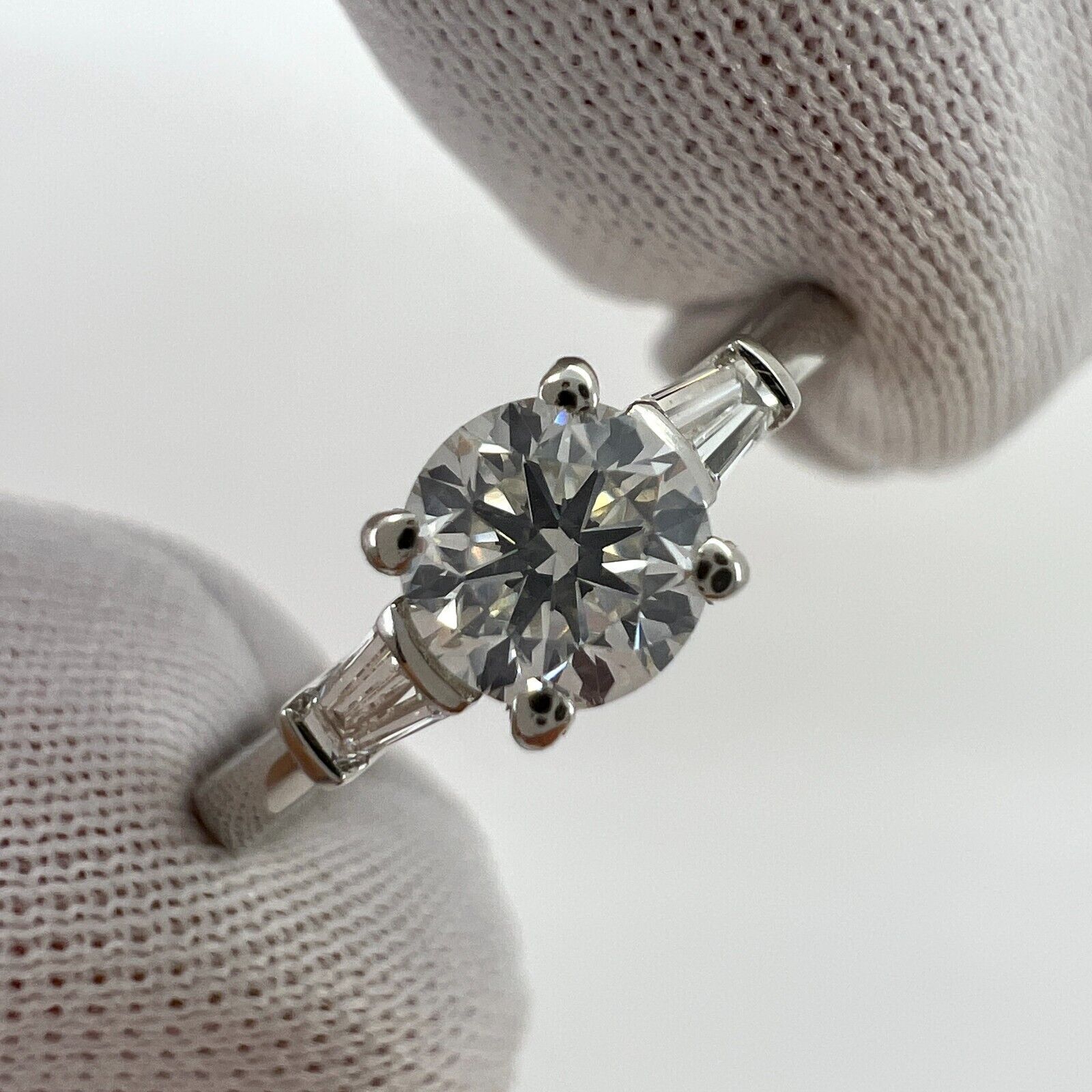 Fine 0.62ct Natural White Diamond Platinum Round Tapered Baguette Cut Three Stone Ring — view 5