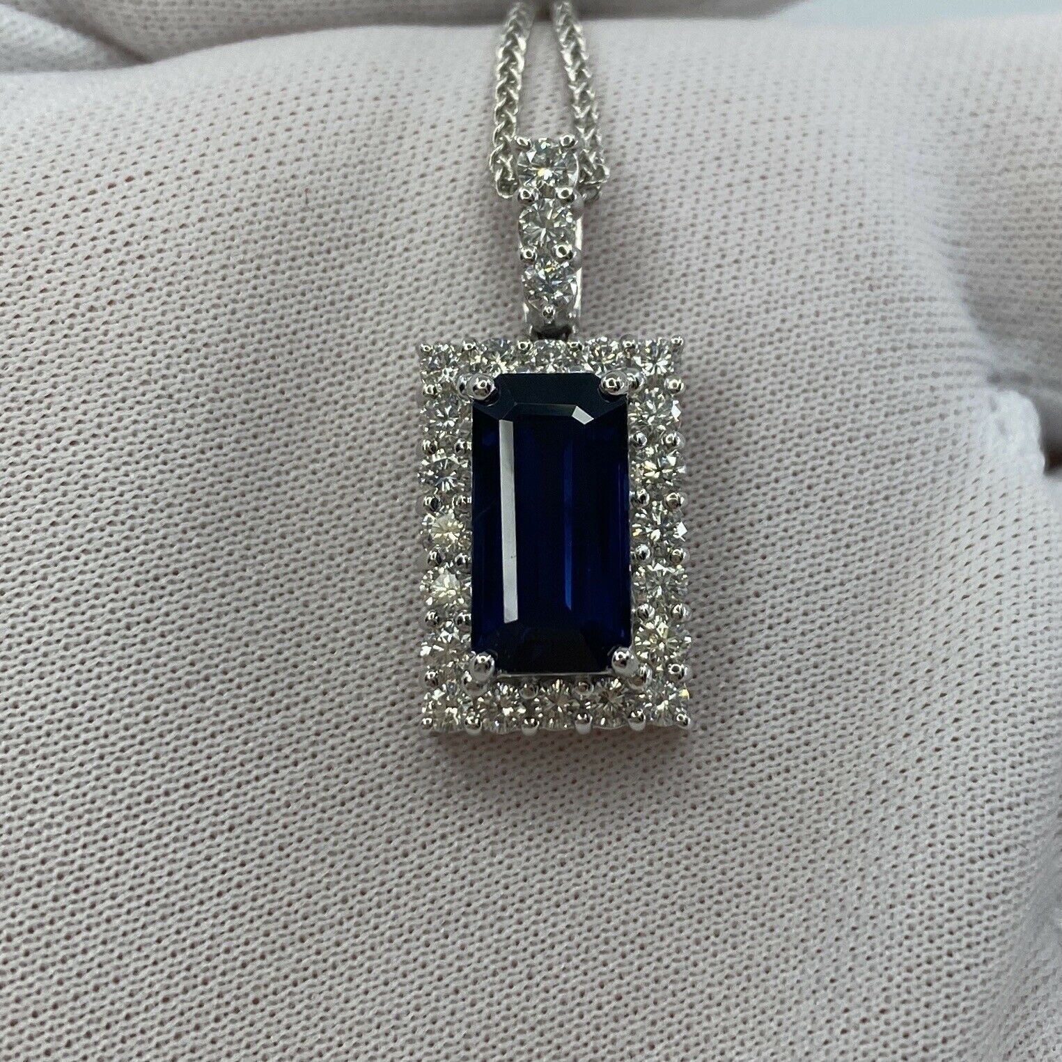 FINE 4.65ct Royal Blue Emerald Cut Sapphire & Diamond Rectangle Platinum Pendant — view 2