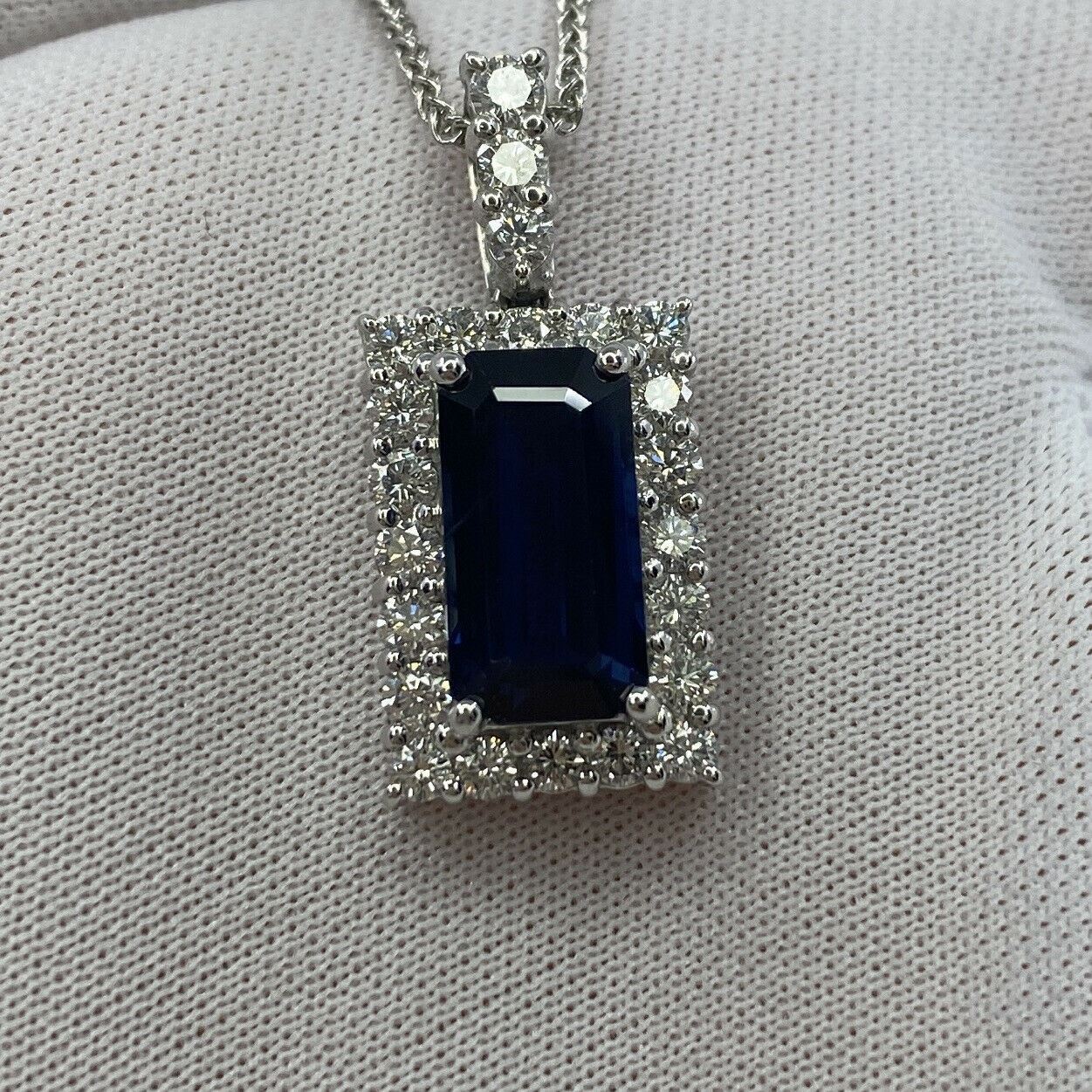 FINE 4.65ct Royal Blue Emerald Cut Sapphire & Diamond Rectangle Platinum Pendant — view 3