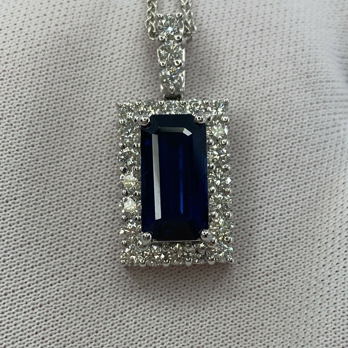 FINE 4.65ct Royal Blue Emerald Cut Sapphire & Diamond Rectangle Platinum Pendant — view 4