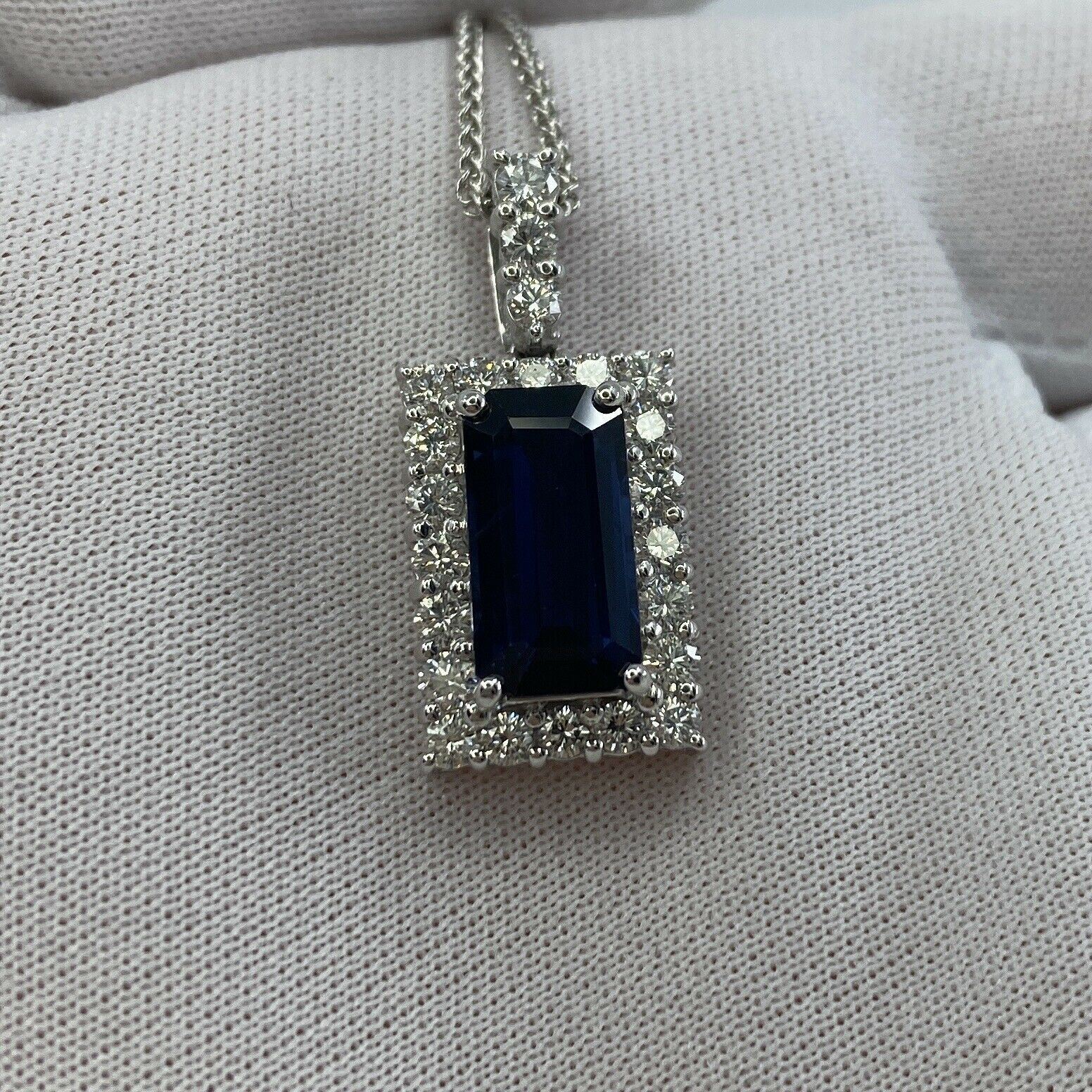 FINE 4.65ct Royal Blue Emerald Cut Sapphire & Diamond Rectangle Platinum Pendant — view 5