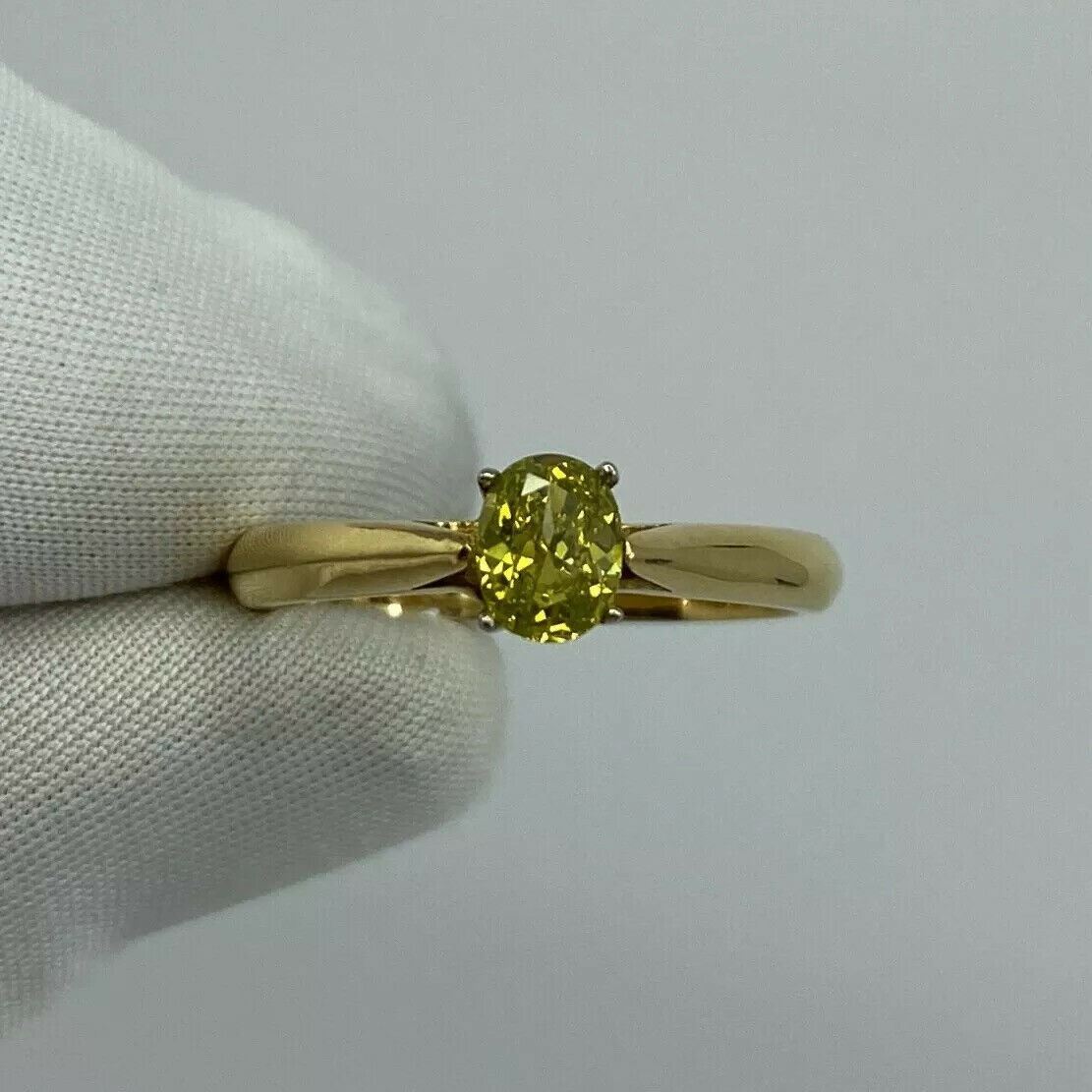 FINE Fancy Vivid Yellow Green Diamond 0.51 Carat Solitaire 18 Karat Gold Ring — view 2