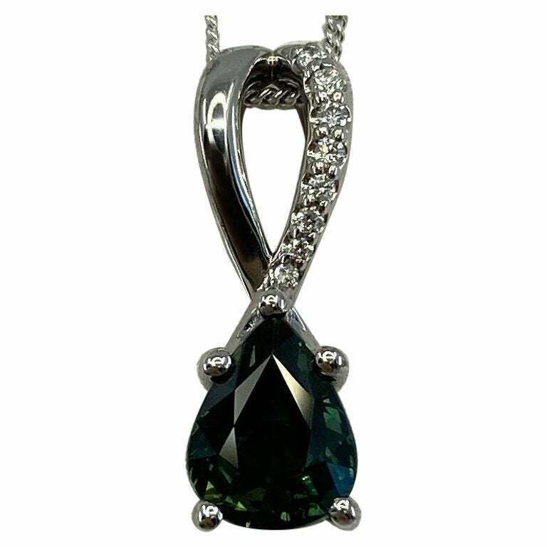 1.50ct Australia Green Blue Natural Sapphire Diamond 18k White Gold Pendant