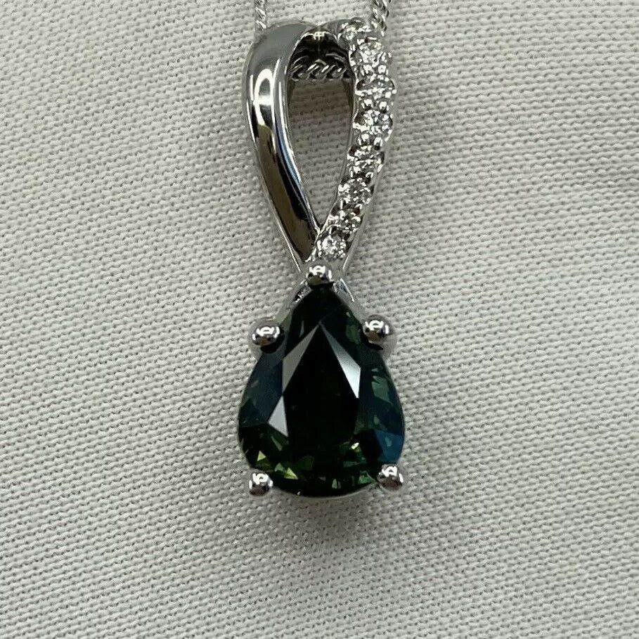 1.50ct Australia Green Blue Natural Sapphire Diamond 18k White Gold Pendant — view 2