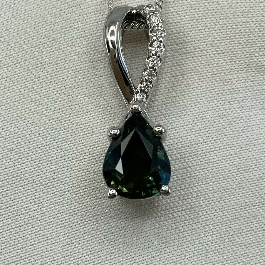 1.50ct Australia Green Blue Natural Sapphire Diamond 18k White Gold Pendant — view 3