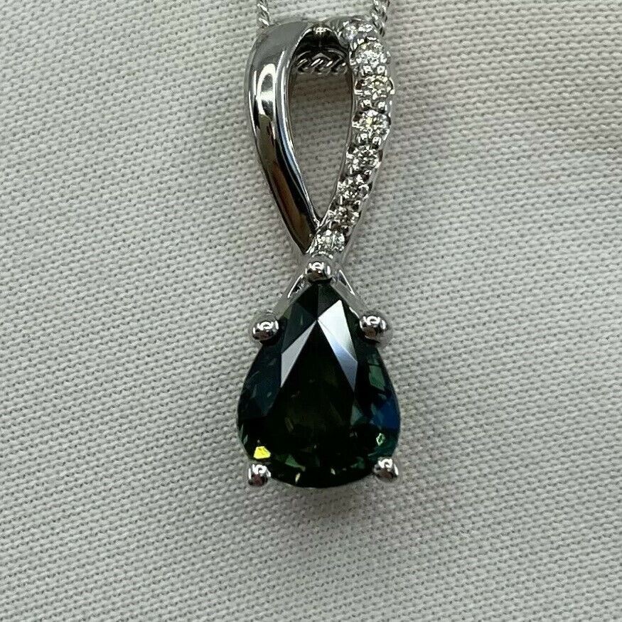1.50ct Australia Green Blue Natural Sapphire Diamond 18k White Gold Pendant — view 4