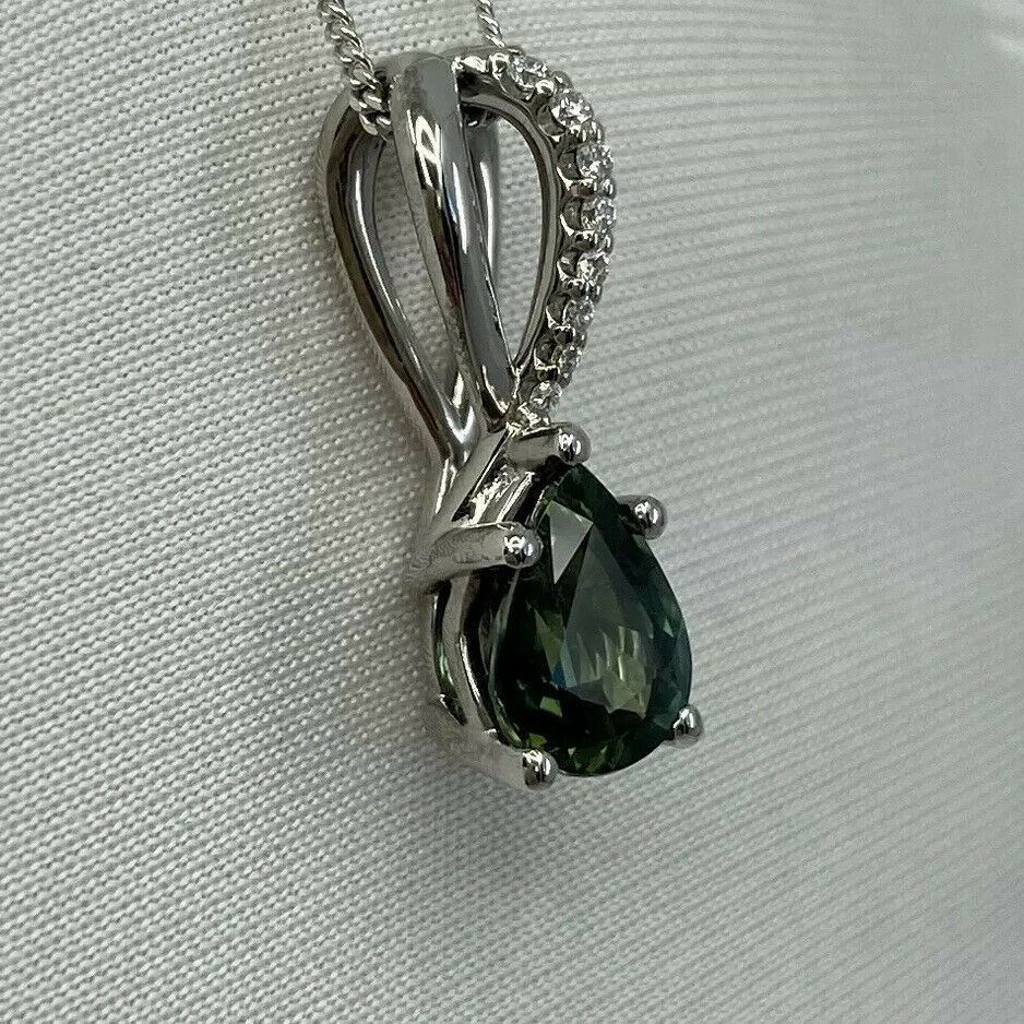1.50ct Australia Green Blue Natural Sapphire Diamond 18k White Gold Pendant — view 5