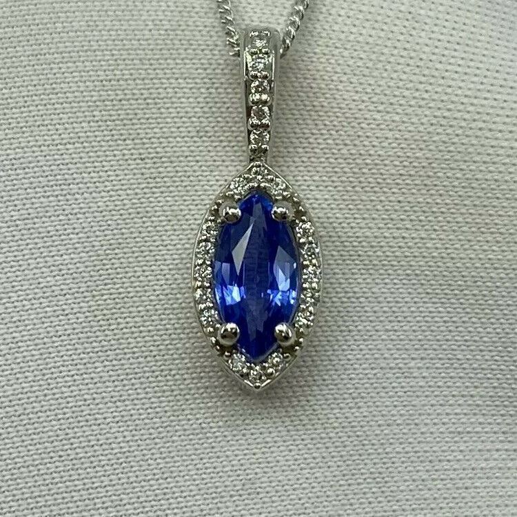 Fine CORNFLOWER Blue Ceylon Sapphire & Diamond Marquise Platinum Halo Pendant — view 2