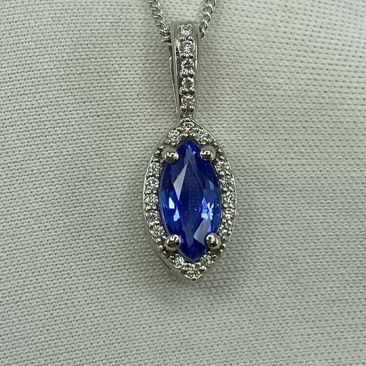 Fine CORNFLOWER Blue Ceylon Sapphire & Diamond Marquise Platinum Halo Pendant — view 3