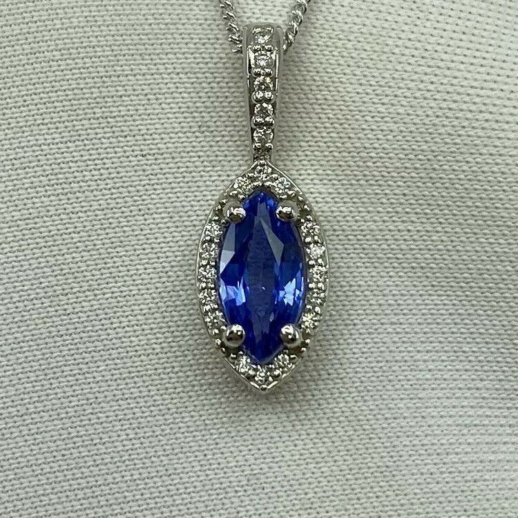 Fine CORNFLOWER Blue Ceylon Sapphire & Diamond Marquise Platinum Halo Pendant — view 4