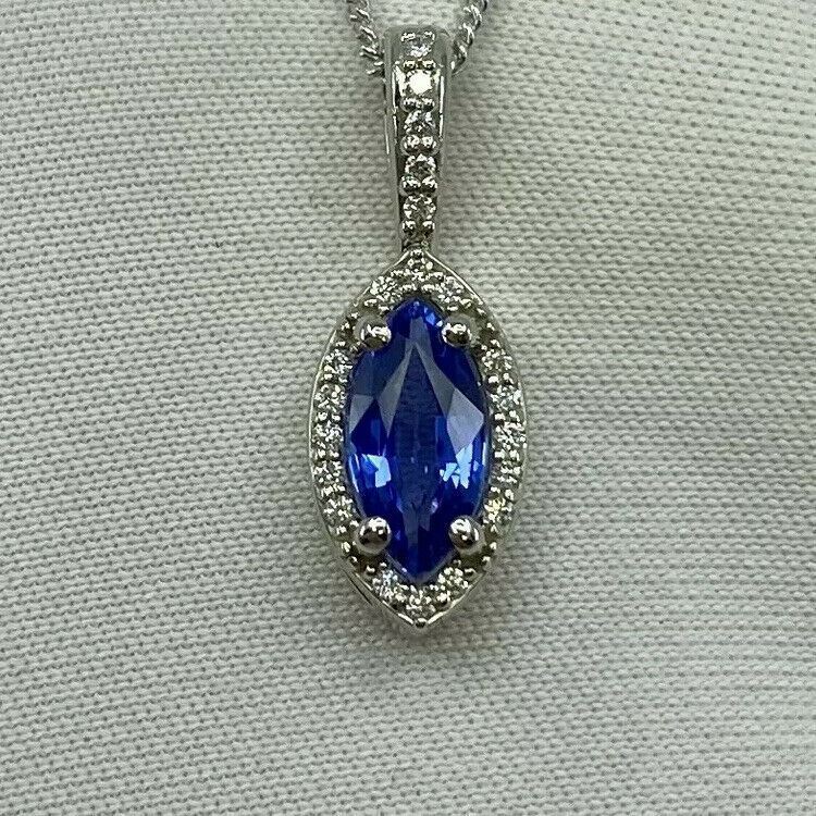 Fine CORNFLOWER Blue Ceylon Sapphire & Diamond Marquise Platinum Halo Pendant — view 5