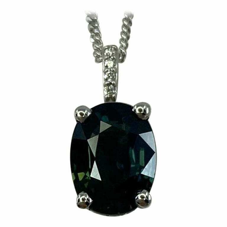 1.70ct DEEP Green Blue Sapphire 18k White Gold Diamond Surround Pendant Necklace — view 1
