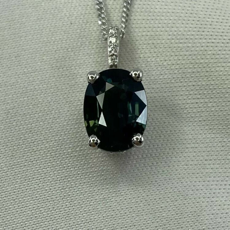 1.70ct DEEP Green Blue Sapphire 18k White Gold Diamond Surround Pendant Necklace — view 2
