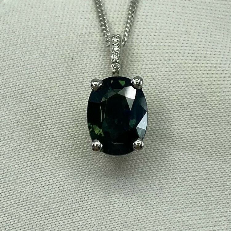 1.70ct DEEP Green Blue Sapphire 18k White Gold Diamond Surround Pendant Necklace — view 3
