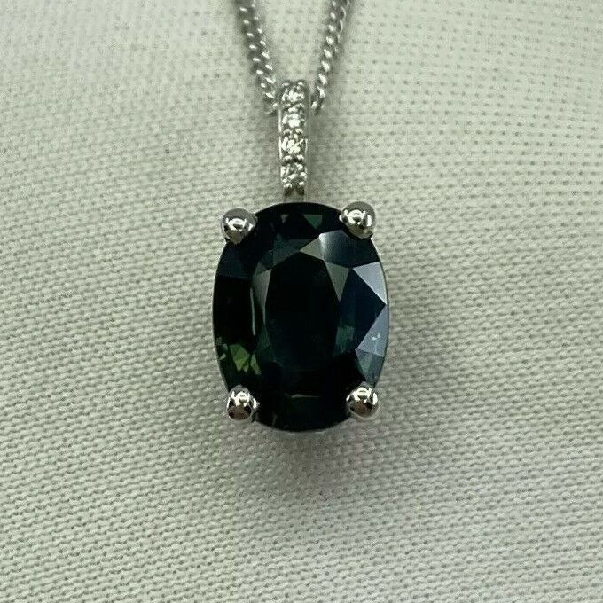 1.70ct DEEP Green Blue Sapphire 18k White Gold Diamond Surround Pendant Necklace — view 4