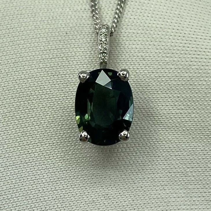 1.70ct DEEP Green Blue Sapphire 18k White Gold Diamond Surround Pendant Necklace — view 5