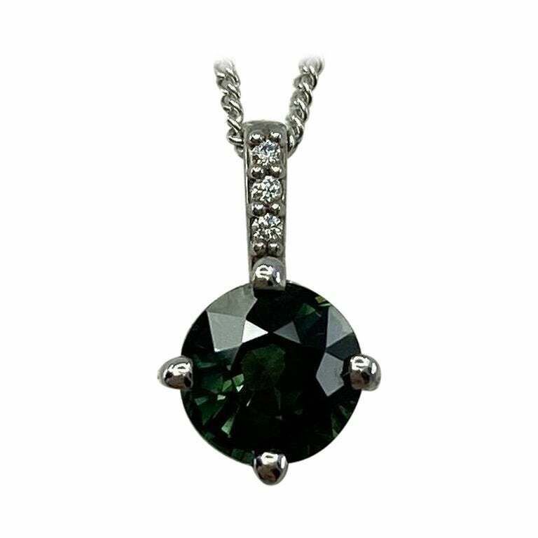 1.05ct UNTREATED Green Blue Sapphire 18k White Gold Diamond Surround Set Pendant