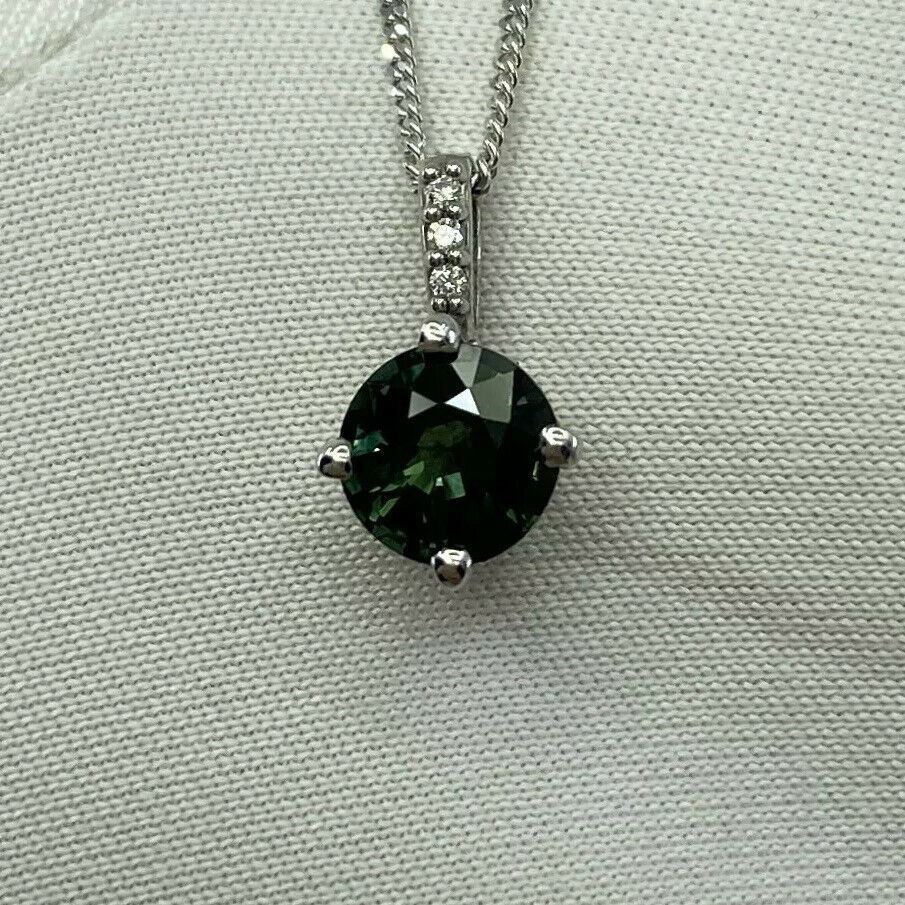 1.05ct UNTREATED Green Blue Sapphire 18k White Gold Diamond Surround Set Pendant — view 2
