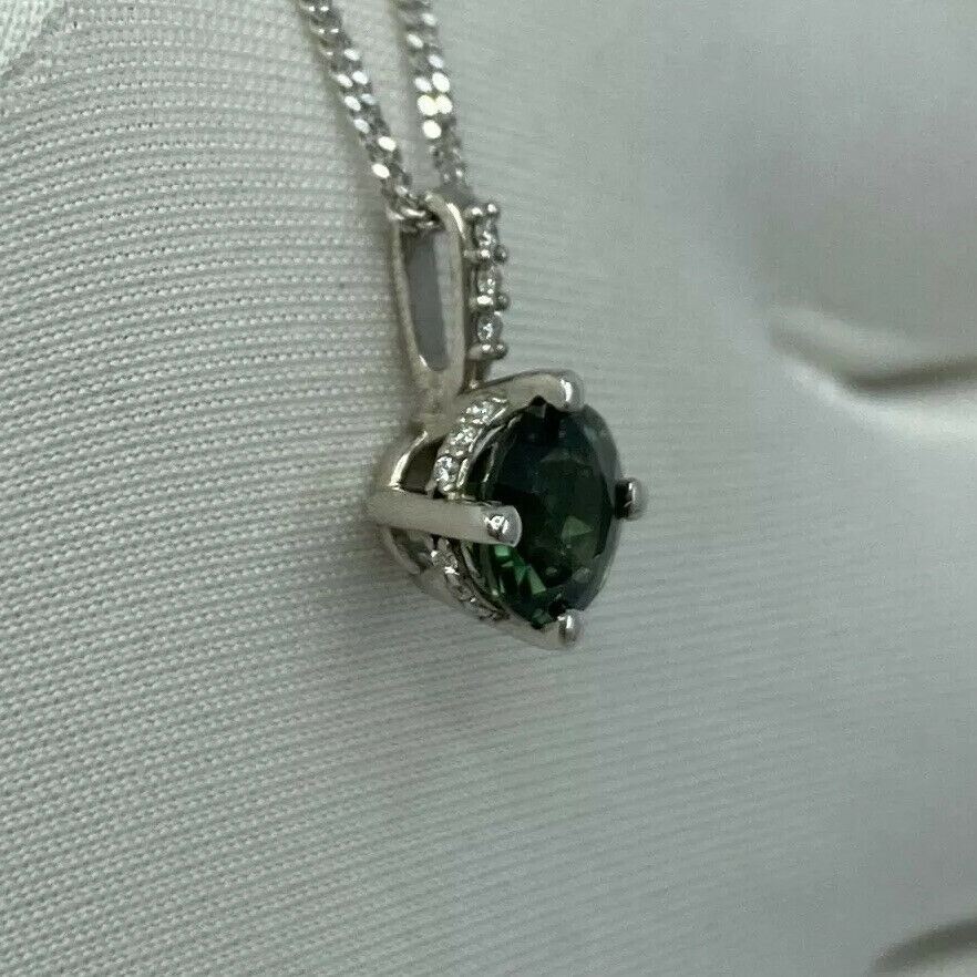 1.05ct UNTREATED Green Blue Sapphire 18k White Gold Diamond Surround Set Pendant — view 3