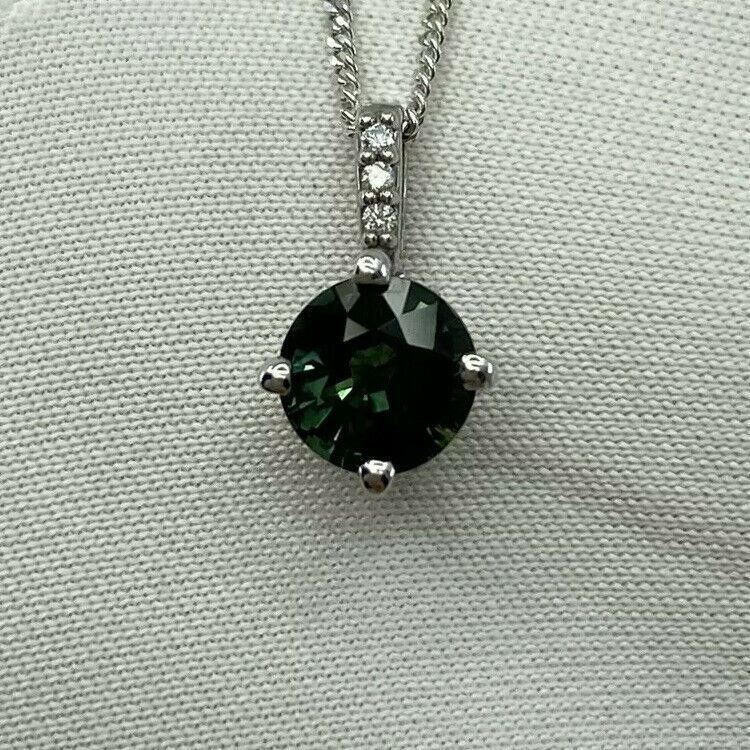 1.05ct UNTREATED Green Blue Sapphire 18k White Gold Diamond Surround Set Pendant — view 4