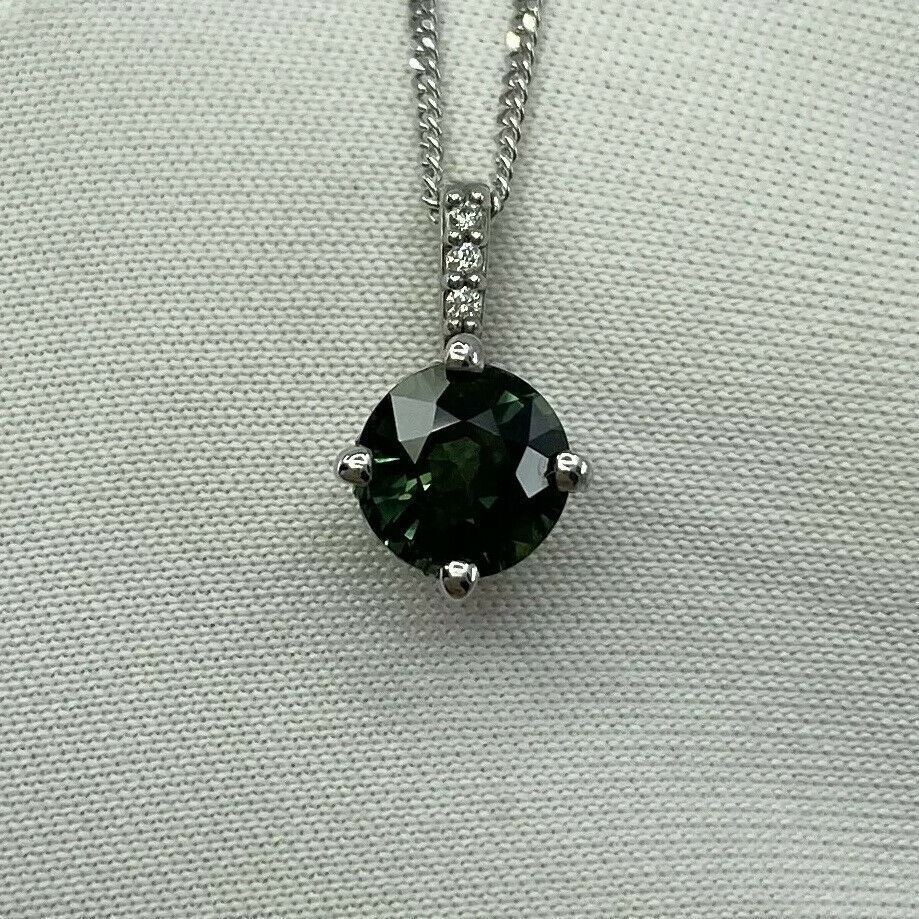 1.05ct UNTREATED Green Blue Sapphire 18k White Gold Diamond Surround Set Pendant — view 5