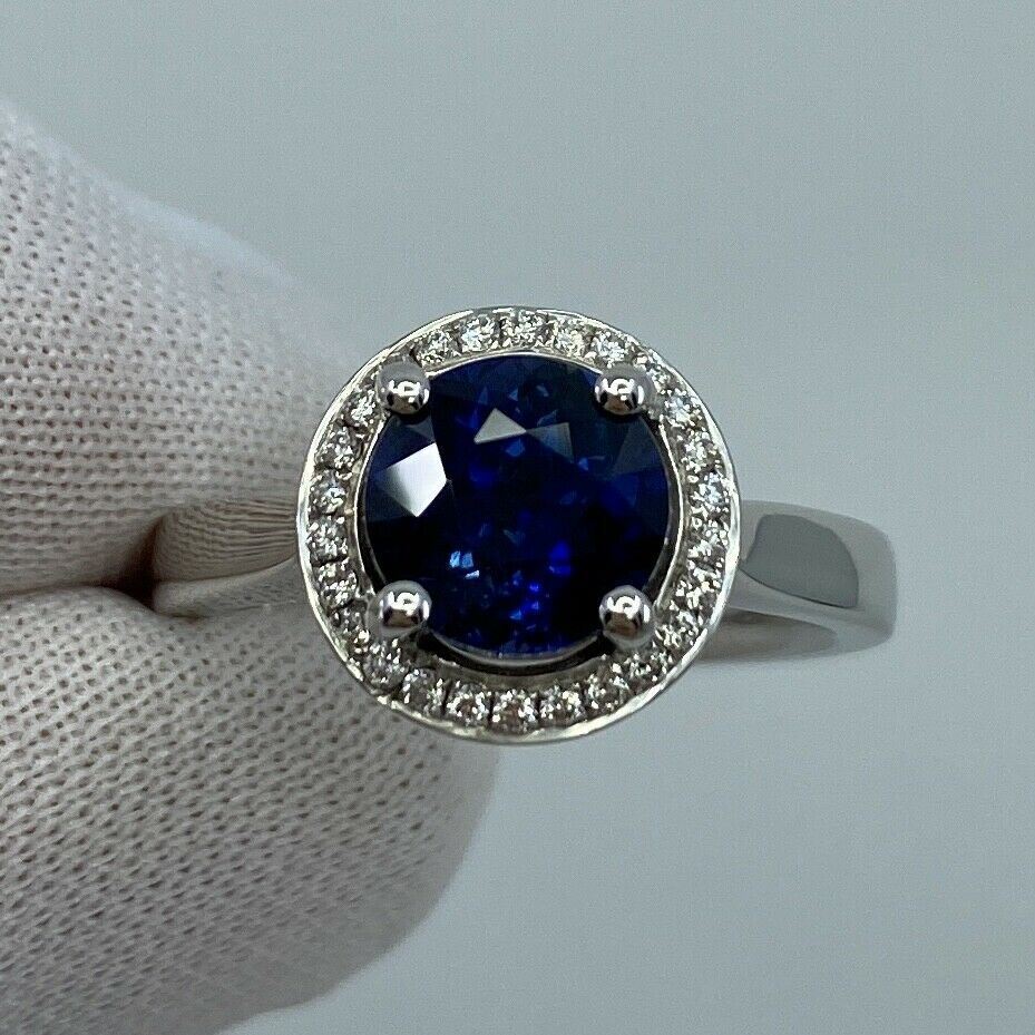 2.50ct Carat FINE Ceylon Blue Sapphire And Diamond 18k White Gold Halo Ring — view 2