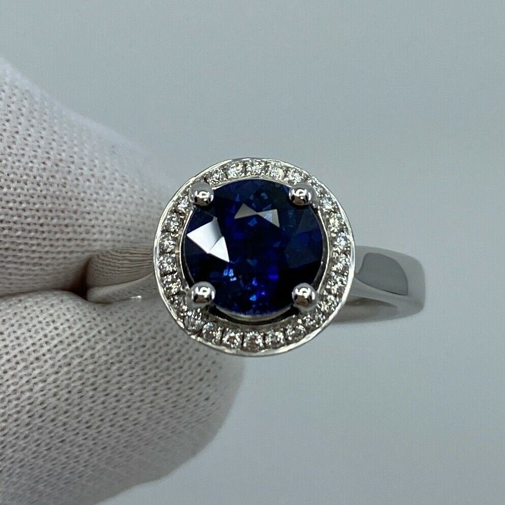2.50ct Carat FINE Ceylon Blue Sapphire And Diamond 18k White Gold Halo Ring — view 4