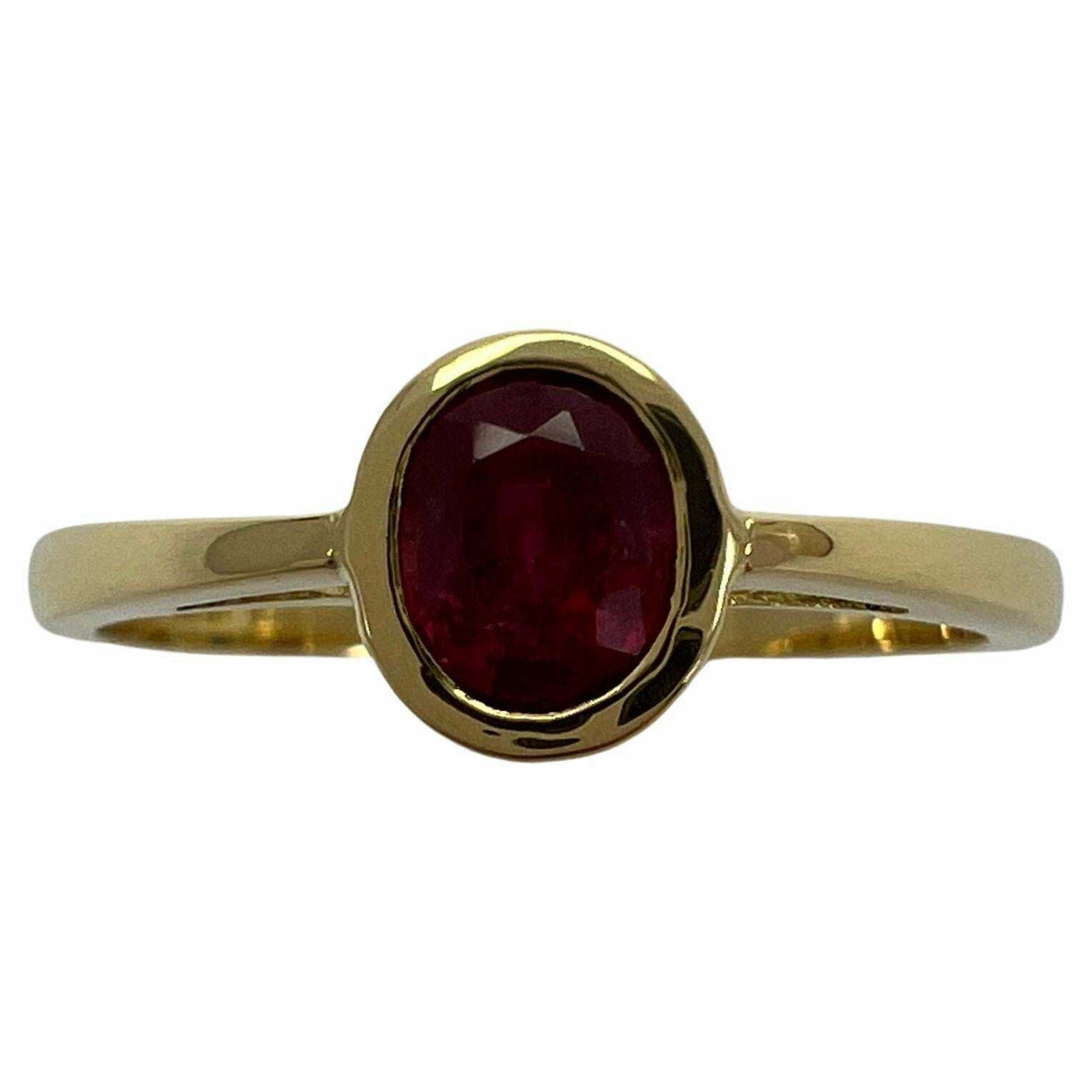 0.75ct Vivid Red Ruby Oval Cut 18k Yellow Gold Bezel Rubover Solitaire Ring