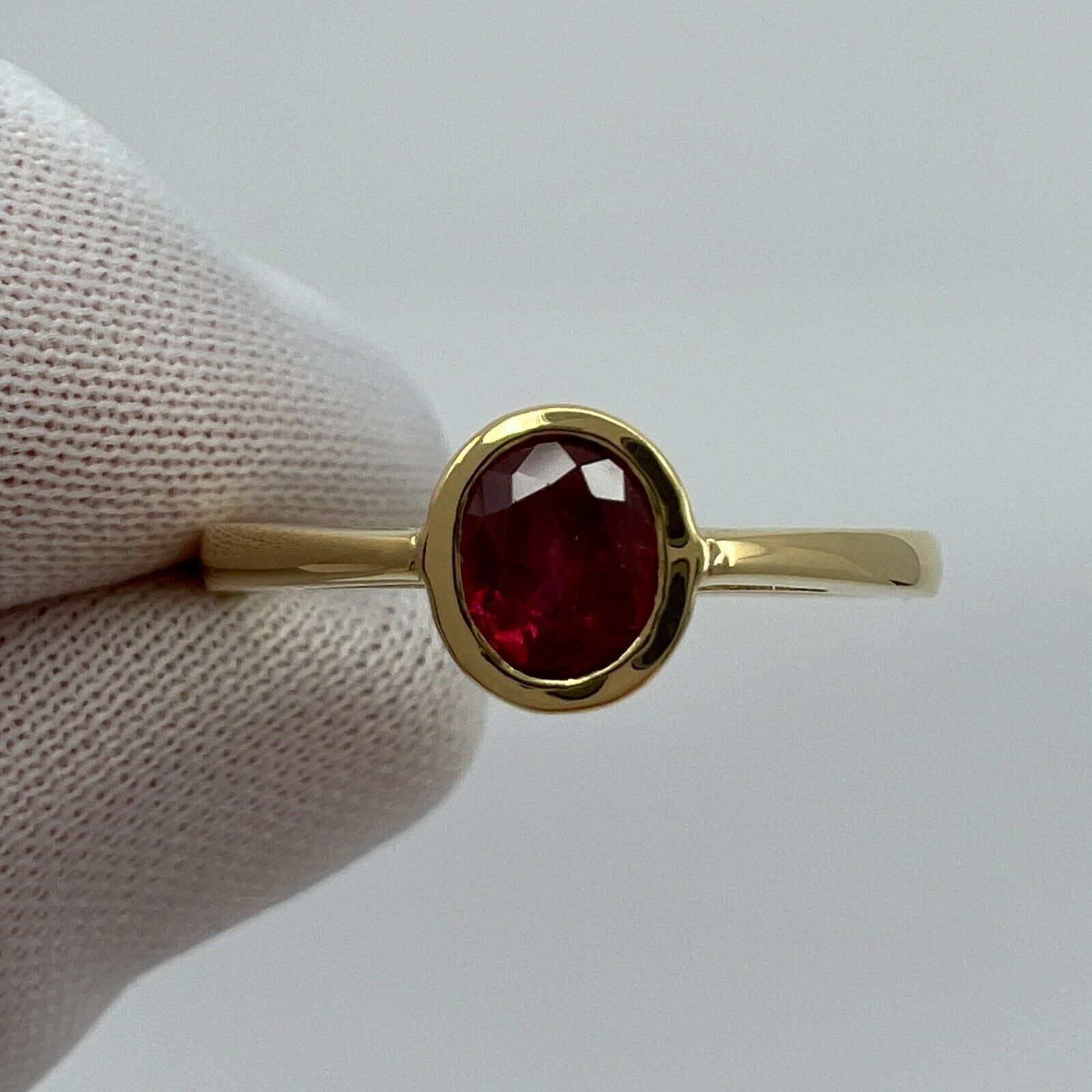 0.75ct Vivid Red Ruby Oval Cut 18k Yellow Gold Bezel Rubover Solitaire Ring — view 2