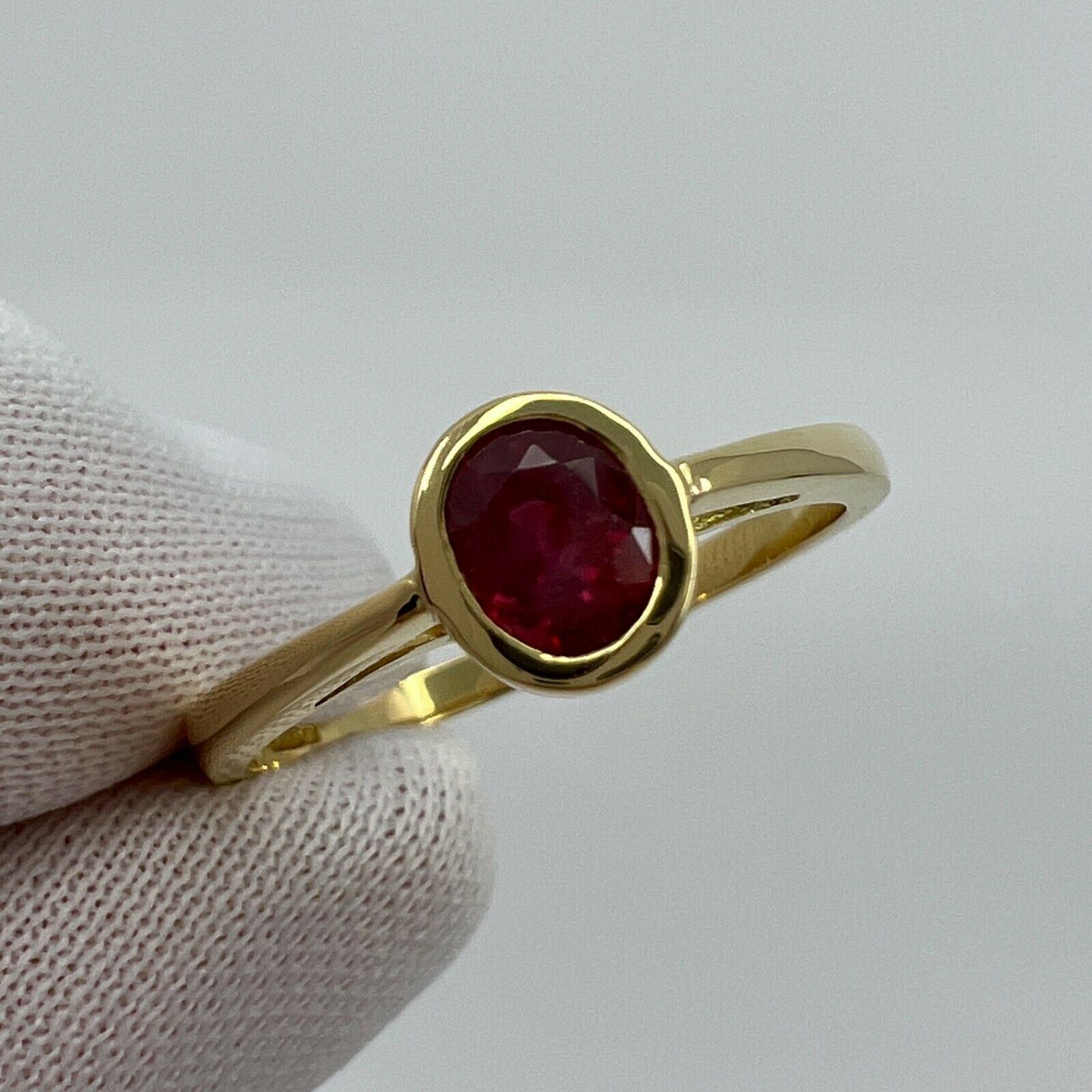 0.75ct Vivid Red Ruby Oval Cut 18k Yellow Gold Bezel Rubover Solitaire Ring — view 3