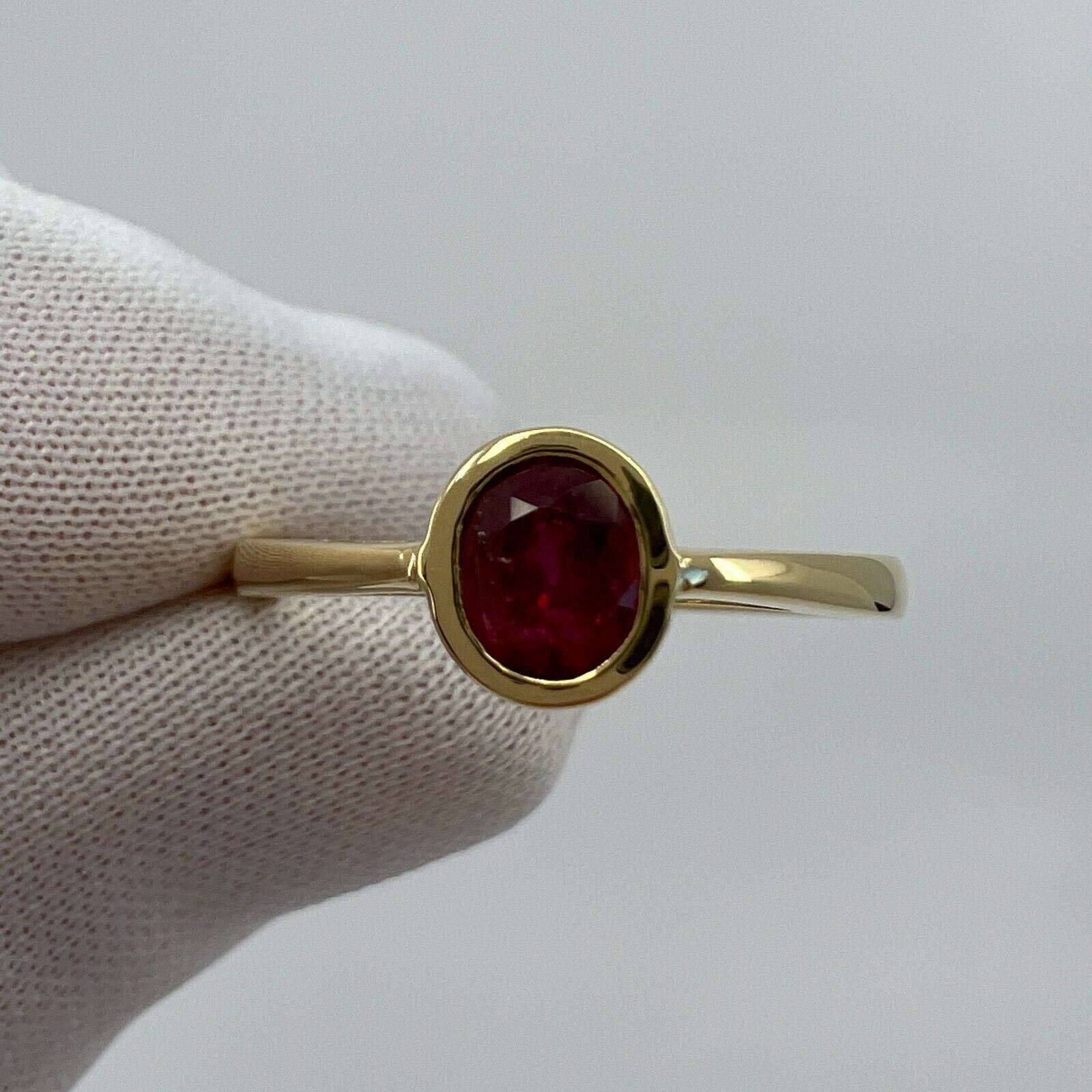 0.75ct Vivid Red Ruby Oval Cut 18k Yellow Gold Bezel Rubover Solitaire Ring — view 5