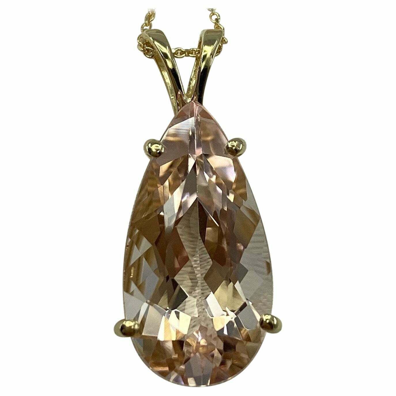 8.57ct FINE Peach Pink Morganite Pear Teardrop Cut Yellow Gold Pendant Necklace