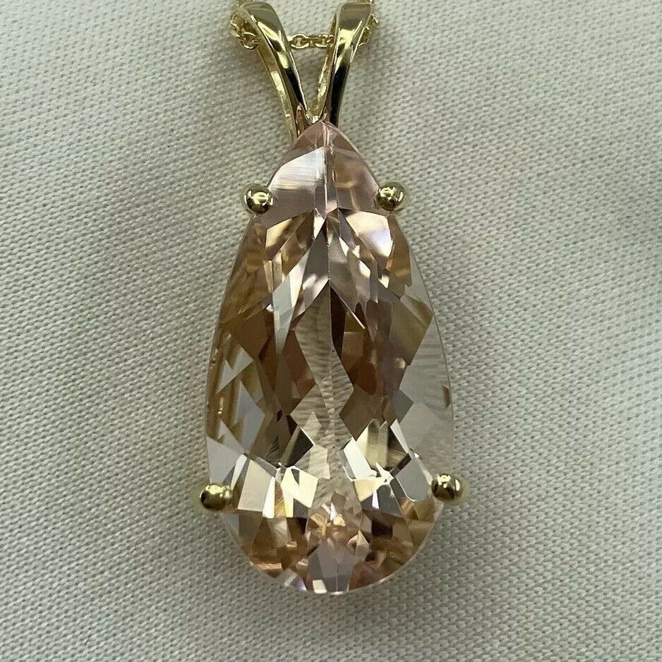 8.57ct FINE Peach Pink Morganite Pear Teardrop Cut Yellow Gold Pendant Necklace — view 2
