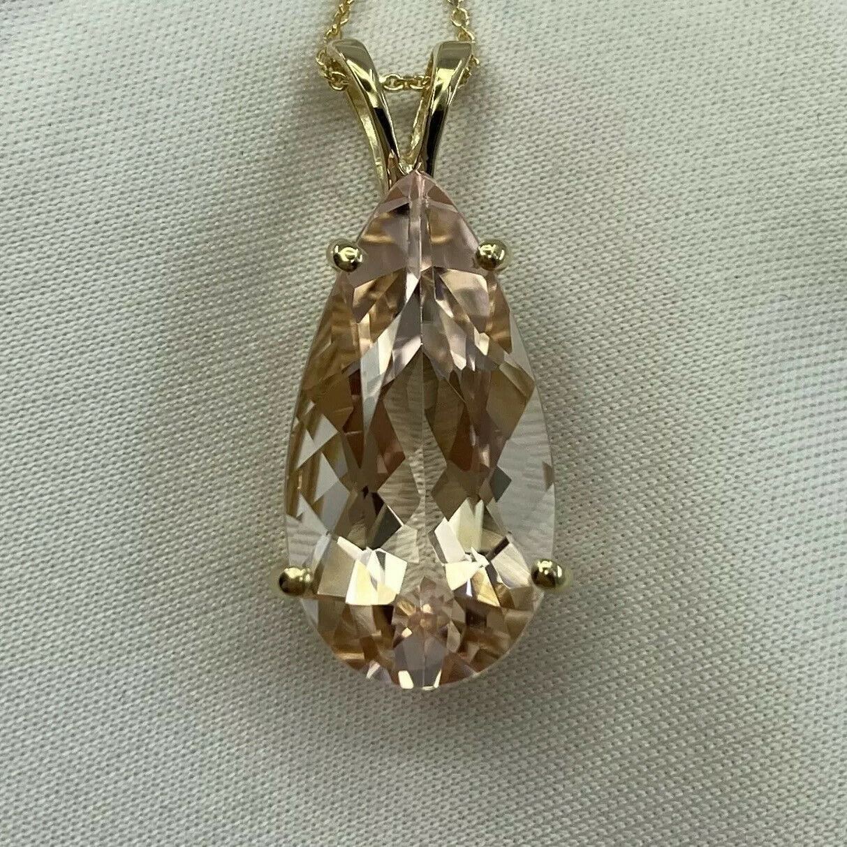 8.57ct FINE Peach Pink Morganite Pear Teardrop Cut Yellow Gold Pendant Necklace — view 3