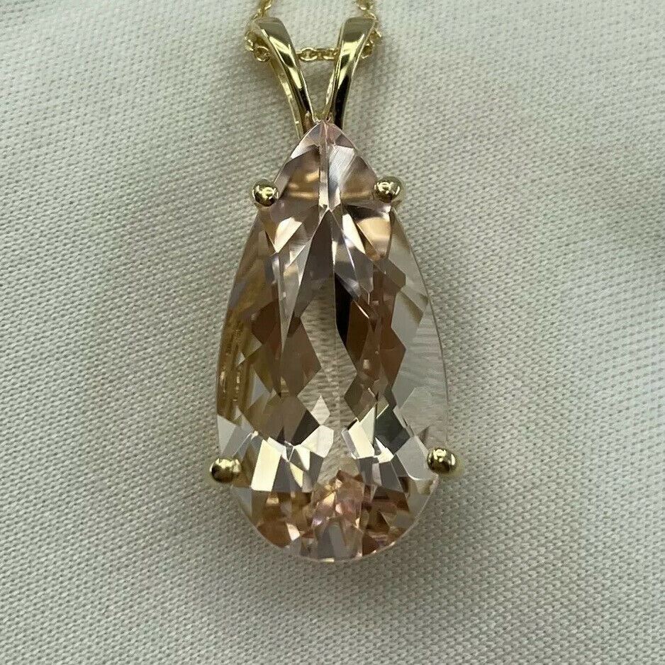 8.57ct FINE Peach Pink Morganite Pear Teardrop Cut Yellow Gold Pendant Necklace — view 4